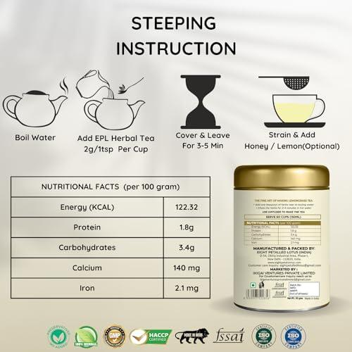 EIGHT PETALLED LOTUS Eight Petals Lotus Lemongrass Herbal Tea | Boost Metabolism | Helps in Acne | Refreshing | Gluten Free | No Chemical | Caffeine Free | 100% Natural | 50g Tin