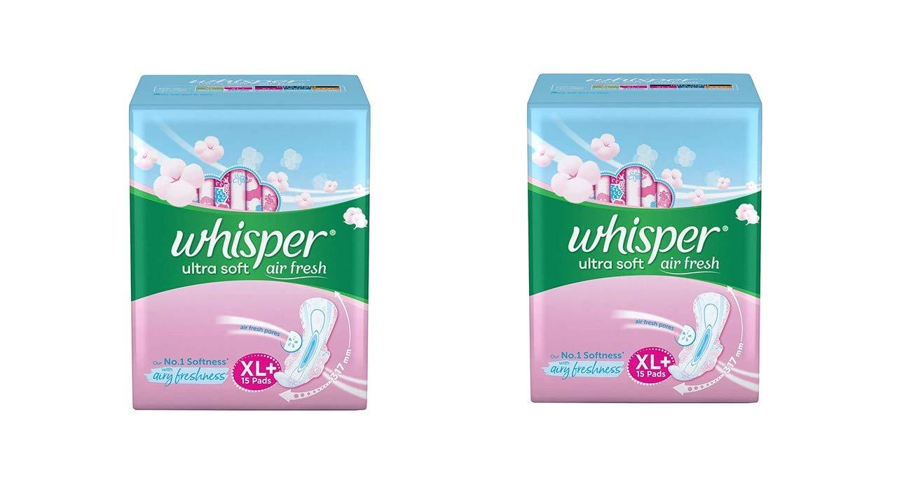 Whisper Whisper Ultra Soft Air Fresh Sanitary Pads for Women, XL+, 15 Napkins (Pack of 2)
