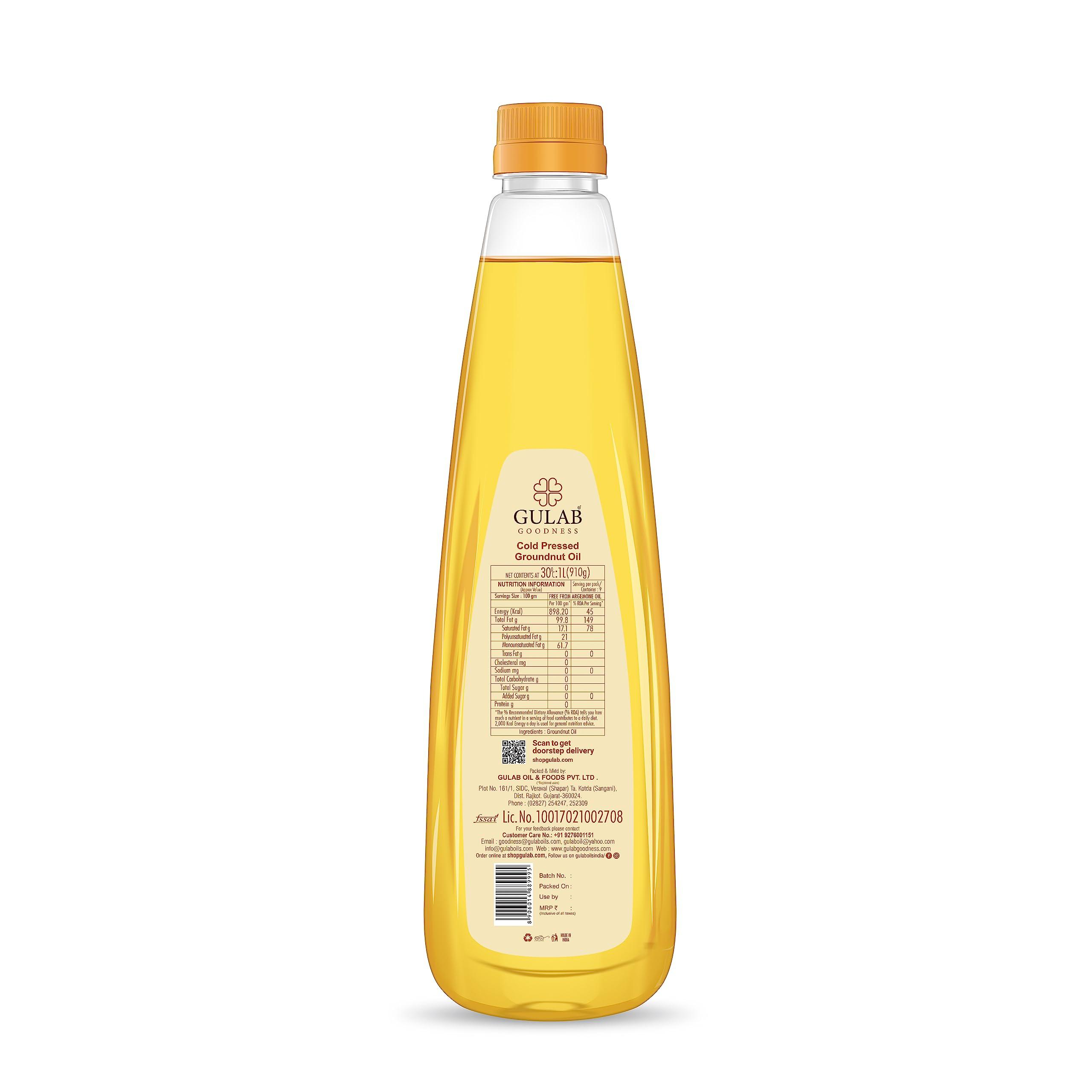 GULAB Gulab Cold Pressed Groundnut Oil - 1 Litre | Peanut Oil | Sing Tel | Kolhu / Kachhi Ghani / Chekku / Wood Pressed | Natural Oil | Chemical Free