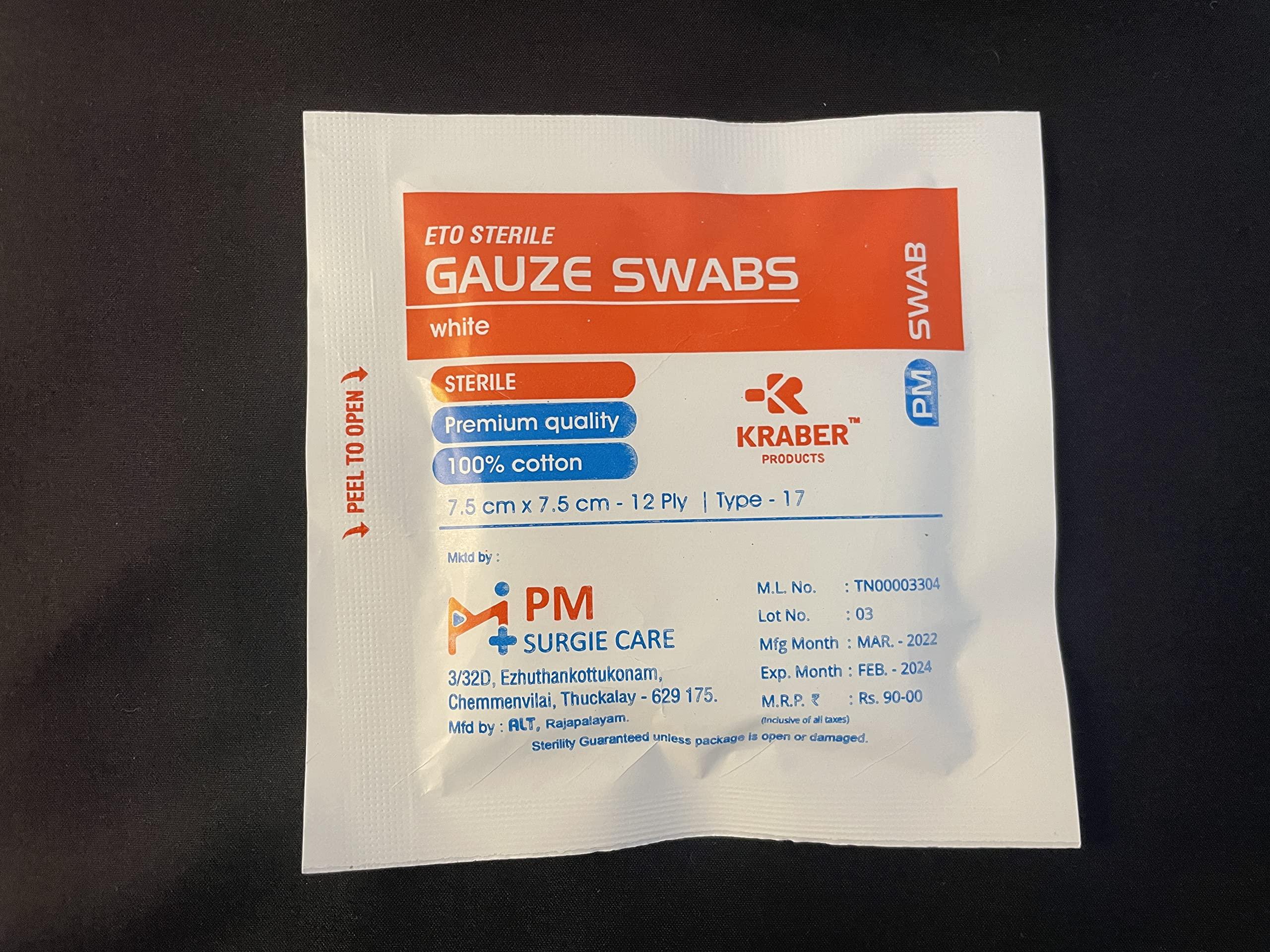 KRABER PRODUCTS KRABER PRODUCTS Sterile Gauze Swabs 7.5Cm X 7.5Cm 12Ply Pure Cotton Yarn Thread 5Pcs Sterile Paper Pouch Pack 5Pouches In One Poly Bag (40, 7.5Cm X 7.5Cm 12Ply)