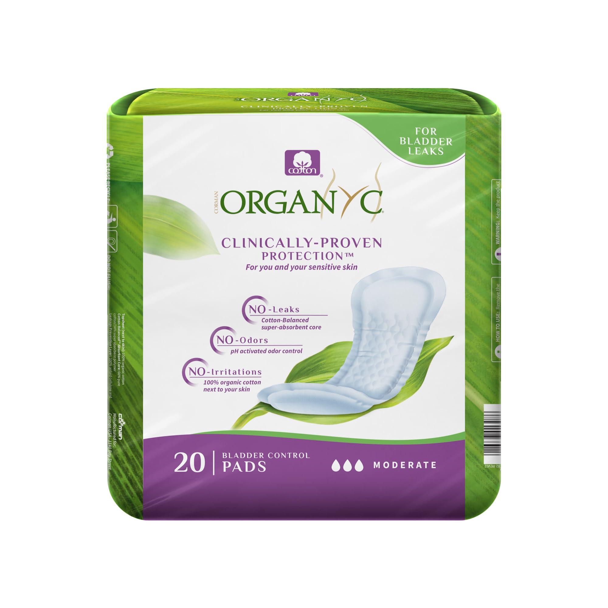 Organyc Organyc - 100% Organic Cotton Incontinence Pads for Bladder Leaks - Certified Odor Control, FSA/HSA Eligible, Moderate Flow, Regular Absorbency, 20 Count