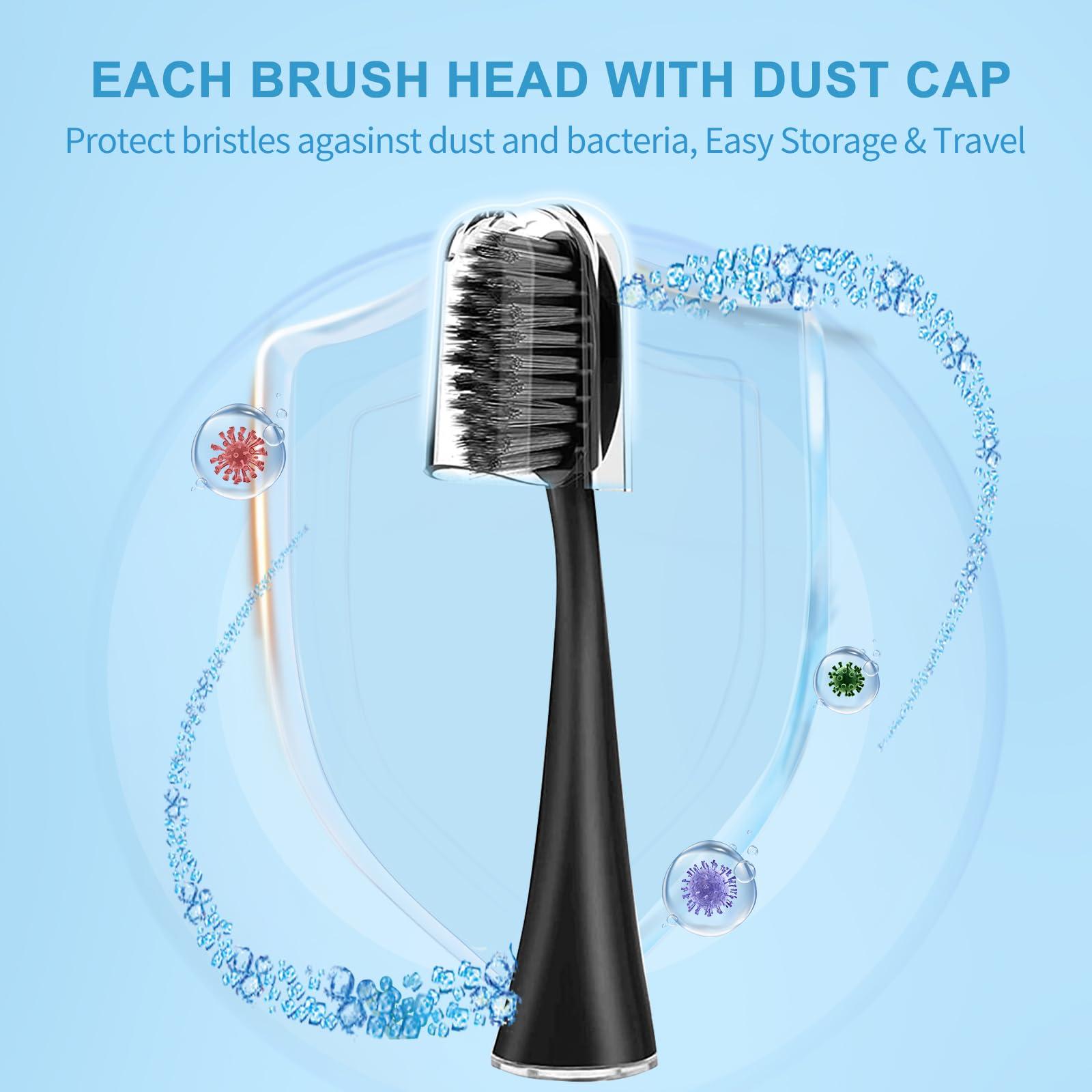 Harobey Replacement Toothbrush Heads for Burst Sonic Toothbrush with Dust Cover Caps, Charcoal Soft Bristles, 5 Counts, Black