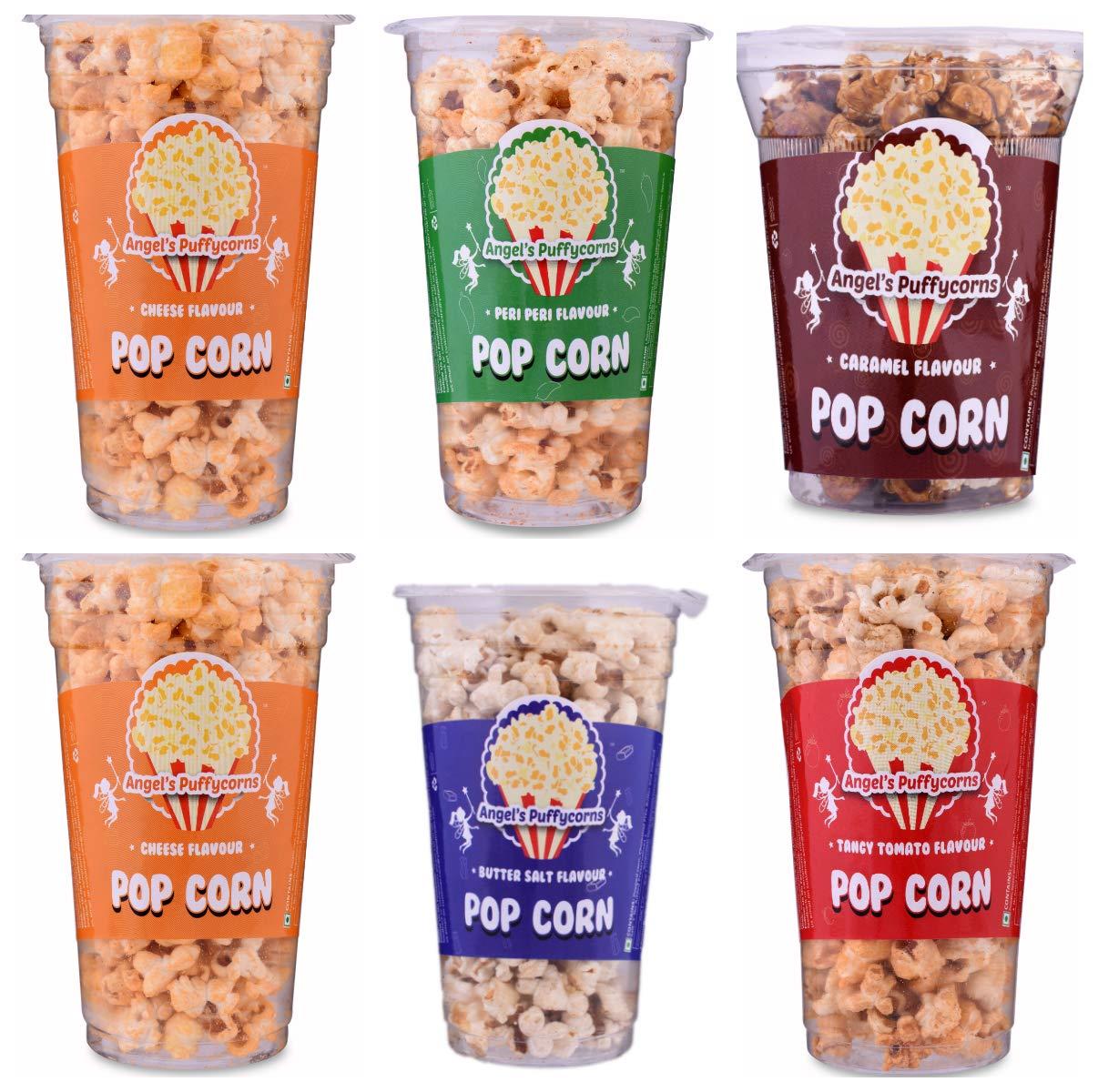 Angels Angels Puffycorns Flavoured Ready to Eat Popcorn - Mix Flavour - Pack of 6 Units (2 Cheese, 1 Tangy Tomato, 1 Butter Salted, 1 Peri Peri & 1 Caramel)