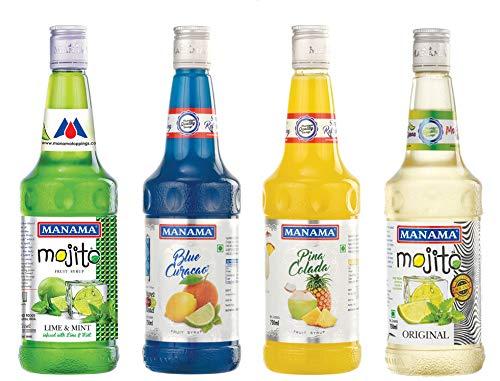 Manama Manama Lime and Mint Mojito Syrup, Blue Curacao Syrup, Pinacolada Syrup and Original Mojito Syrup, 750ML Each, Pack of 4