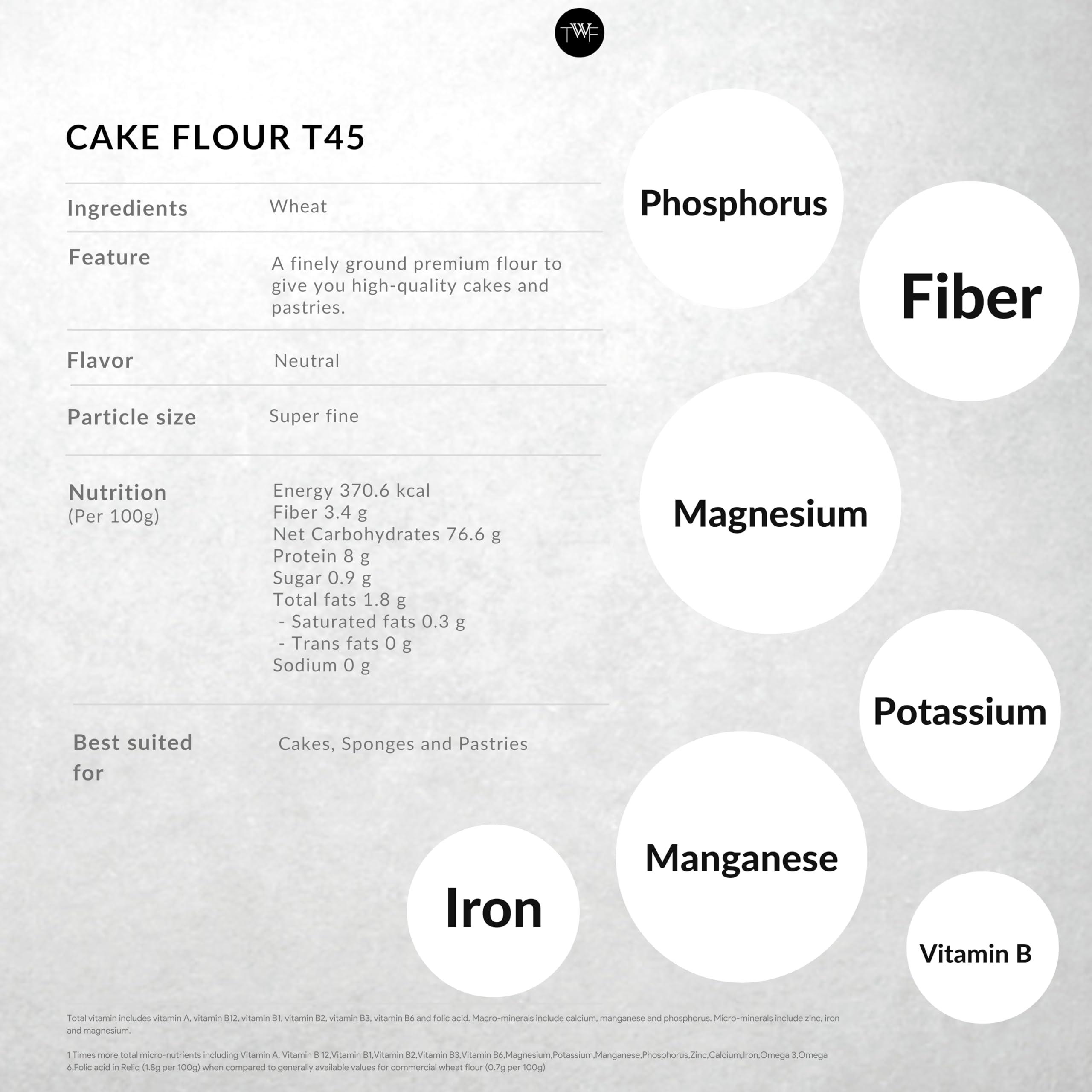 TWF TWF Cake Flour T45 - Premium Unbleached Flour for Light and Fluffy Cakes, Completely Natural, 1kg (2.2lbs) Bag | Bake Perfect Cakes Every Time|