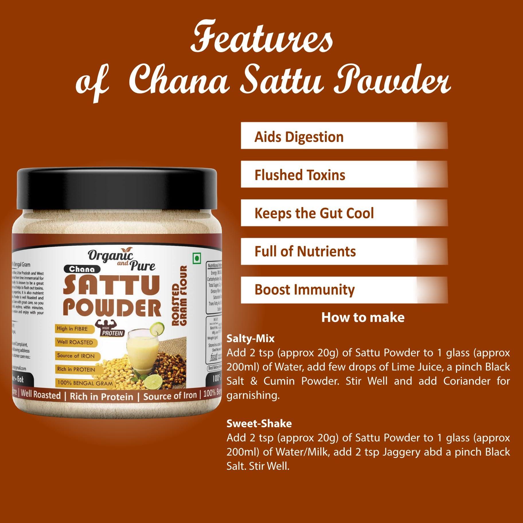 Organic and Pure Organic and Pure Chana Sattu Powder | Chana Ka Sattu | Roasted Gram Flour for Drink, Weight Gain, Protein, Muscle Gain (Jar Pack) (150g)