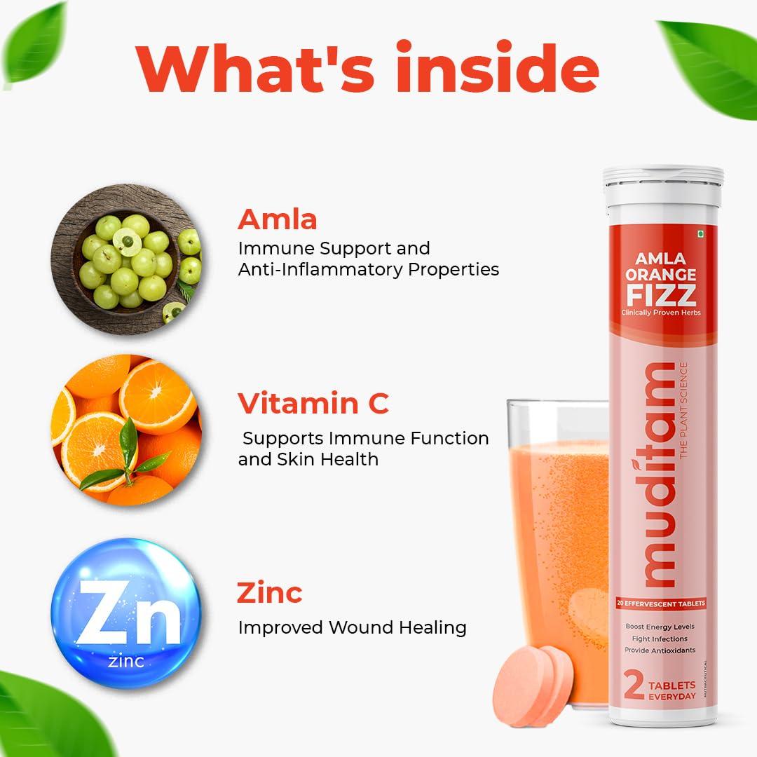Muditam Ayurveda Muditam Ayurveda Amla Orange Fizz Tablet | Vitamin C Effervescent tablets for Skin, Hairs & Eyes | Amla Orange Extract 60 Effervescent Tablets | Immunity Booster - Antioxidant Builder