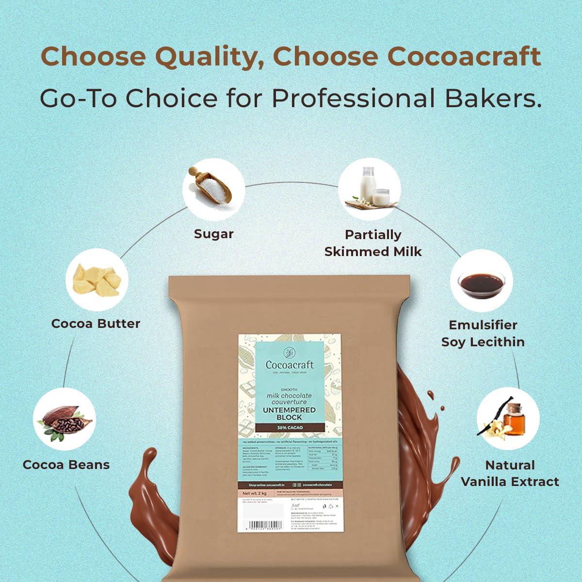 COCOACRAFT Cocoacraft 38% Milk Chocolate Couverture Un-tempered Slab (2KG) Chocolate Bar | 100% Natural | Handmade Artisinal Couverture Chocolate from Kerala | Used for baking and decoration