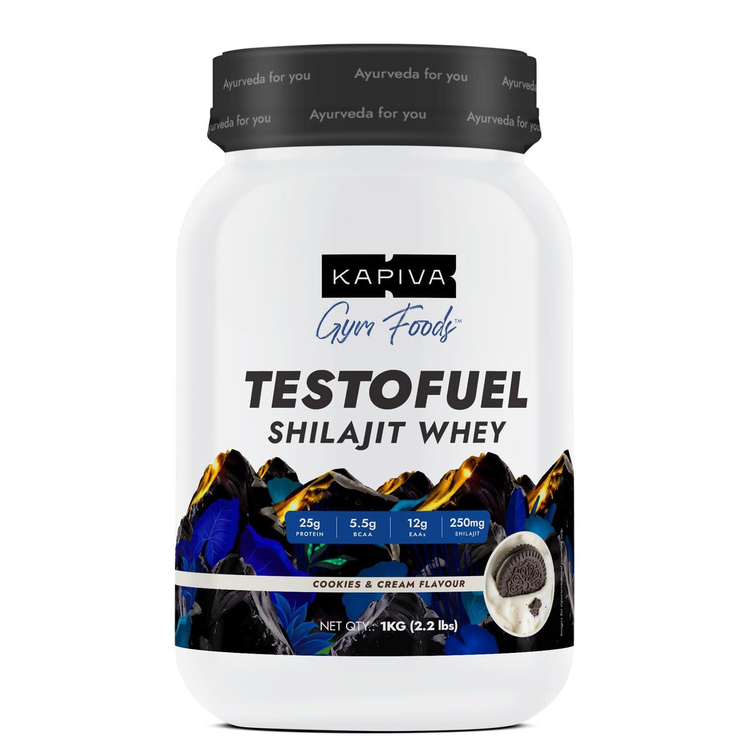 Kapiva Kapiva Testofuel Shilajit Whey Protein| 25g Protein | 250mg Shilajit | 5.5g BCAA | Cookies & Cream | Faster Absorption | Digezyme blend | WADA Compliant | 1Kg/ 2.2lb