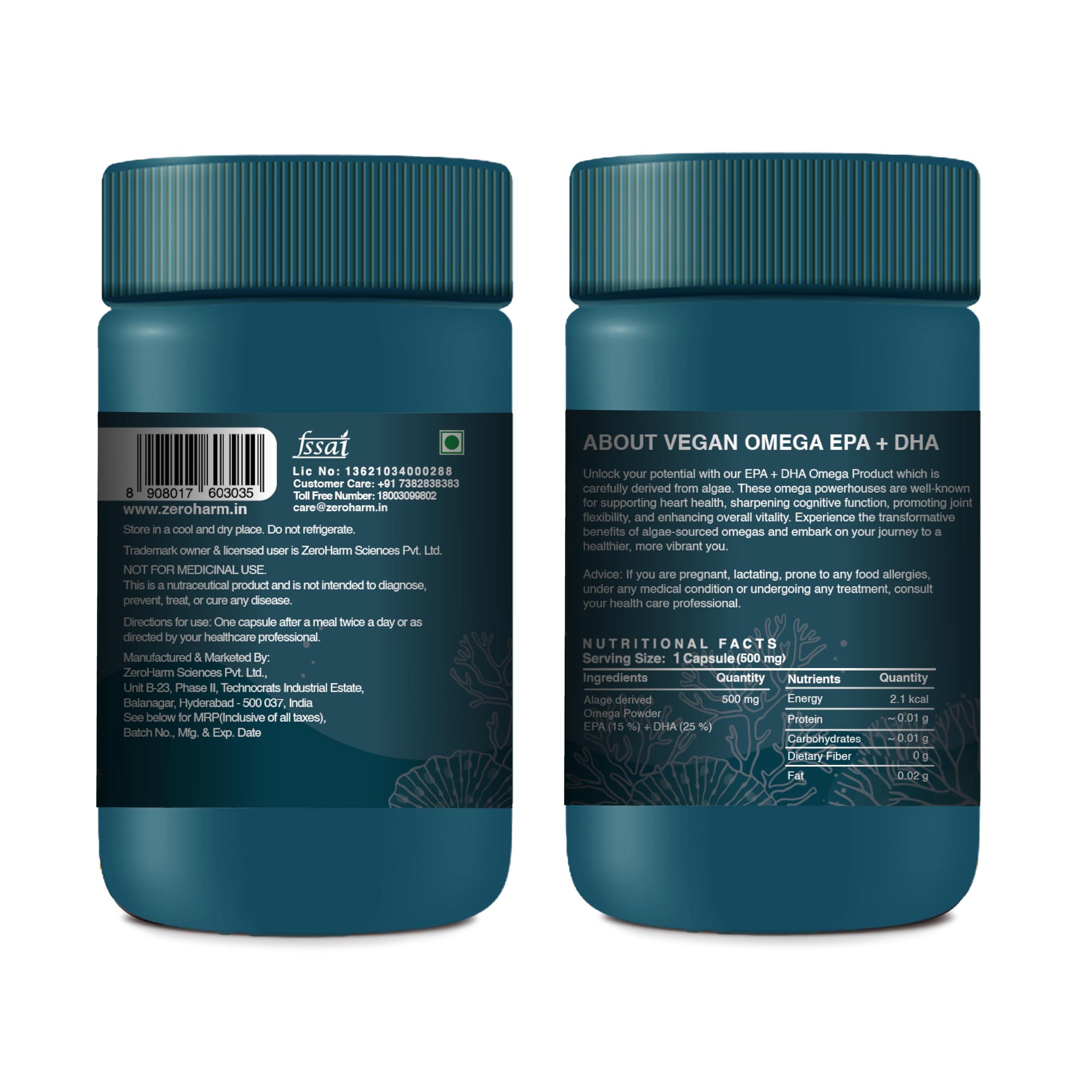 ZEROHARM ZEROHARM Vegan Omega (EPA+DHA) | Supplement for men, women, and kids | Better health for the eyes, skin, muscles, bones, and joints | Sourced from algae | 60 Caps