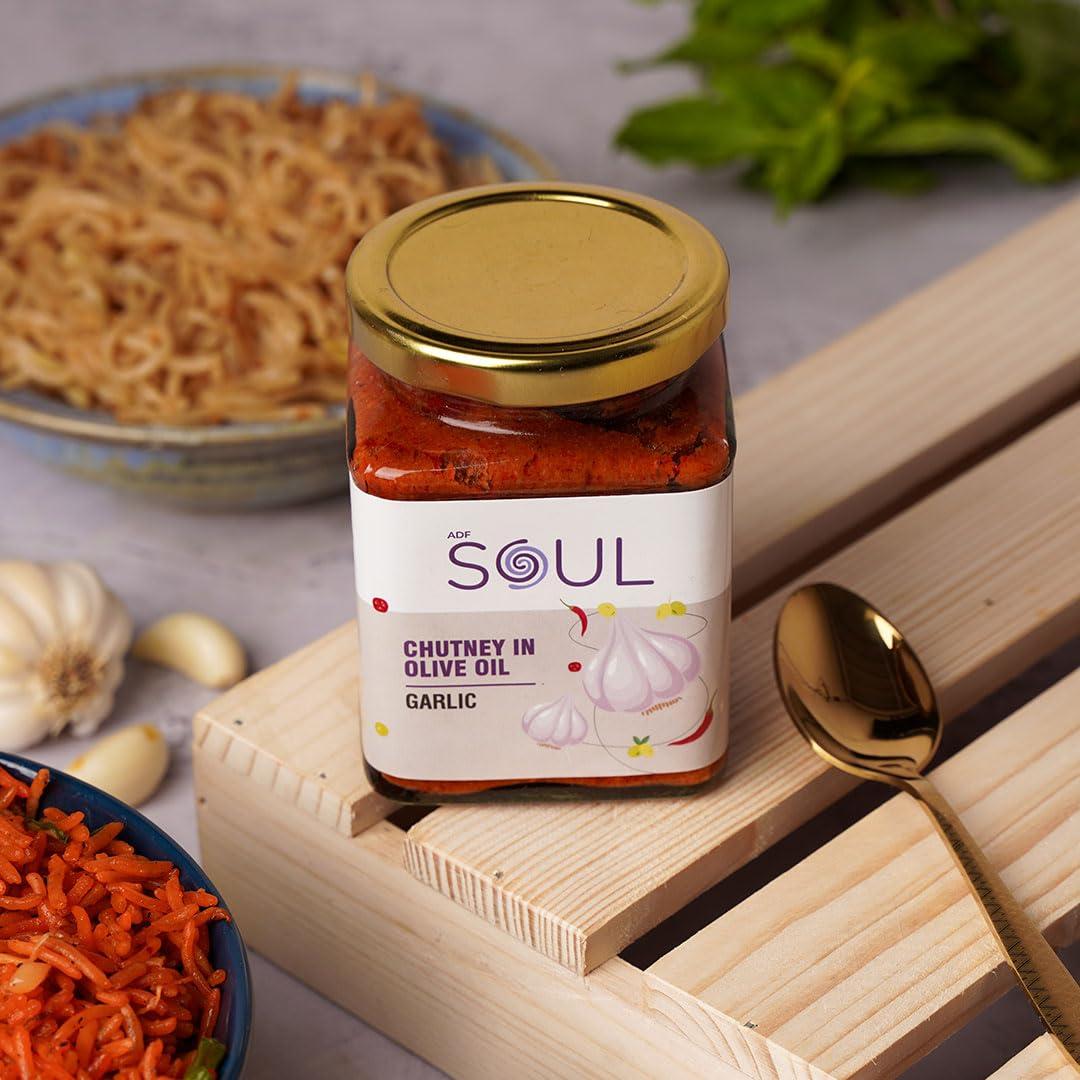 ADF Soul Soul Pickle and Chutney Combo Pack of 3 (Garlic Pickle 275 GM + Red Chilli Pickle 265 GM+ Garlic Chutney 275 GM ) in Olive Oil