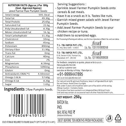 JEWEL FARMER JEWEL FARMER Raw Pumpkin Seeds with No Shell Ready to Eat Pepitas Kernels Enriched in Protein & Dietary Fibre (250g)