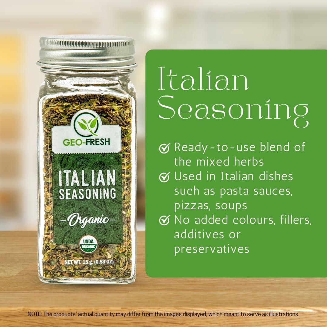 Geo-Fresh Geo-Fresh organic Italian Seasoning 15g (Italian Herbs) (Pack of 2) - Certified Organic, Classic blend of Organic Thyme, Parsley, Oregano, Basil. Best for Pizza, Pasta, and all Italian dishes