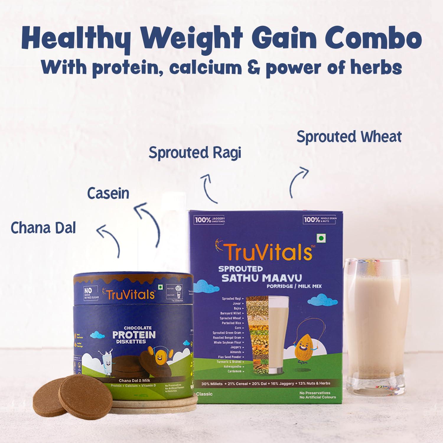TruVitals TruVitals Healthy Weight Gain Combo | Sprouted Sathu Maavu (Multigrain Health Mix) 200g + Protein Diskettes 160g | HIGH Protein, Calcium, Good Fats & Fiber for Weight Gain | NO Refined Sugar