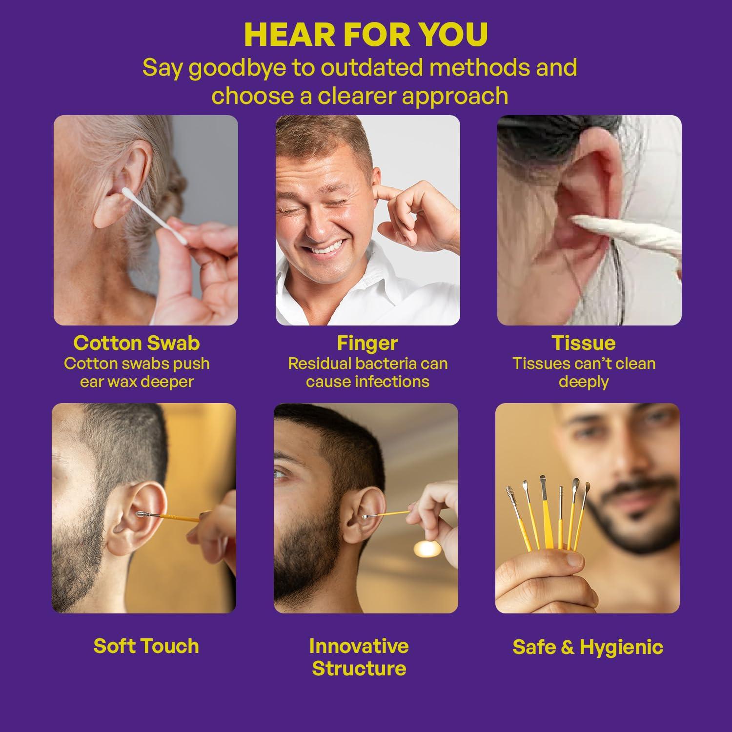 Careforce - The Force Behind Your Health Careforce - The Force Behind Your Health Ear Cleaning Kit Steel Ear Cleaner Reusable Ear Wax Remover Tool Kit Set With Storage Pack, Ear Curette Cleaner And Spring Ear Buds Cleaner 6 Pcs Set Yellow