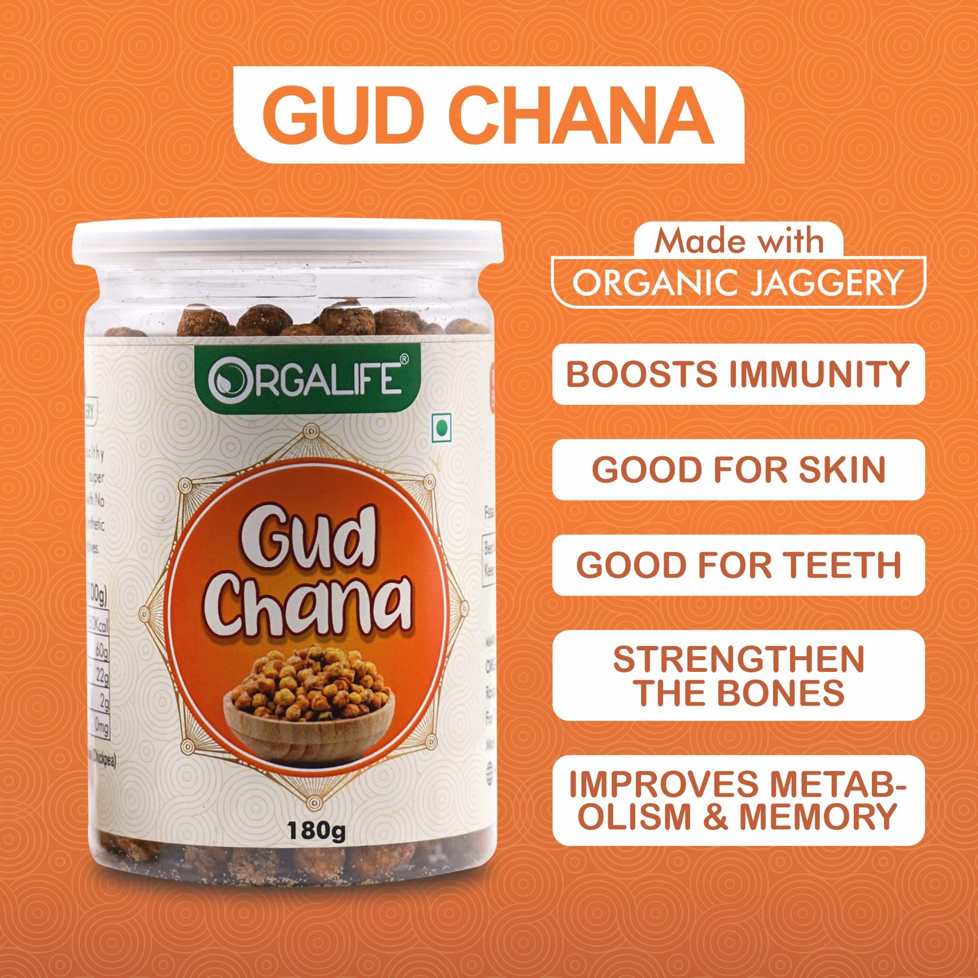 Orgalife Orgalife Healthy Treat Organic Gud Chana 180g | High protin | Deliciously Roasted Chana Coated in Jaggery | Roasted Chickpeas with Natural Jaggery | Immunity Booster | Sweets Snacks With Jaggery