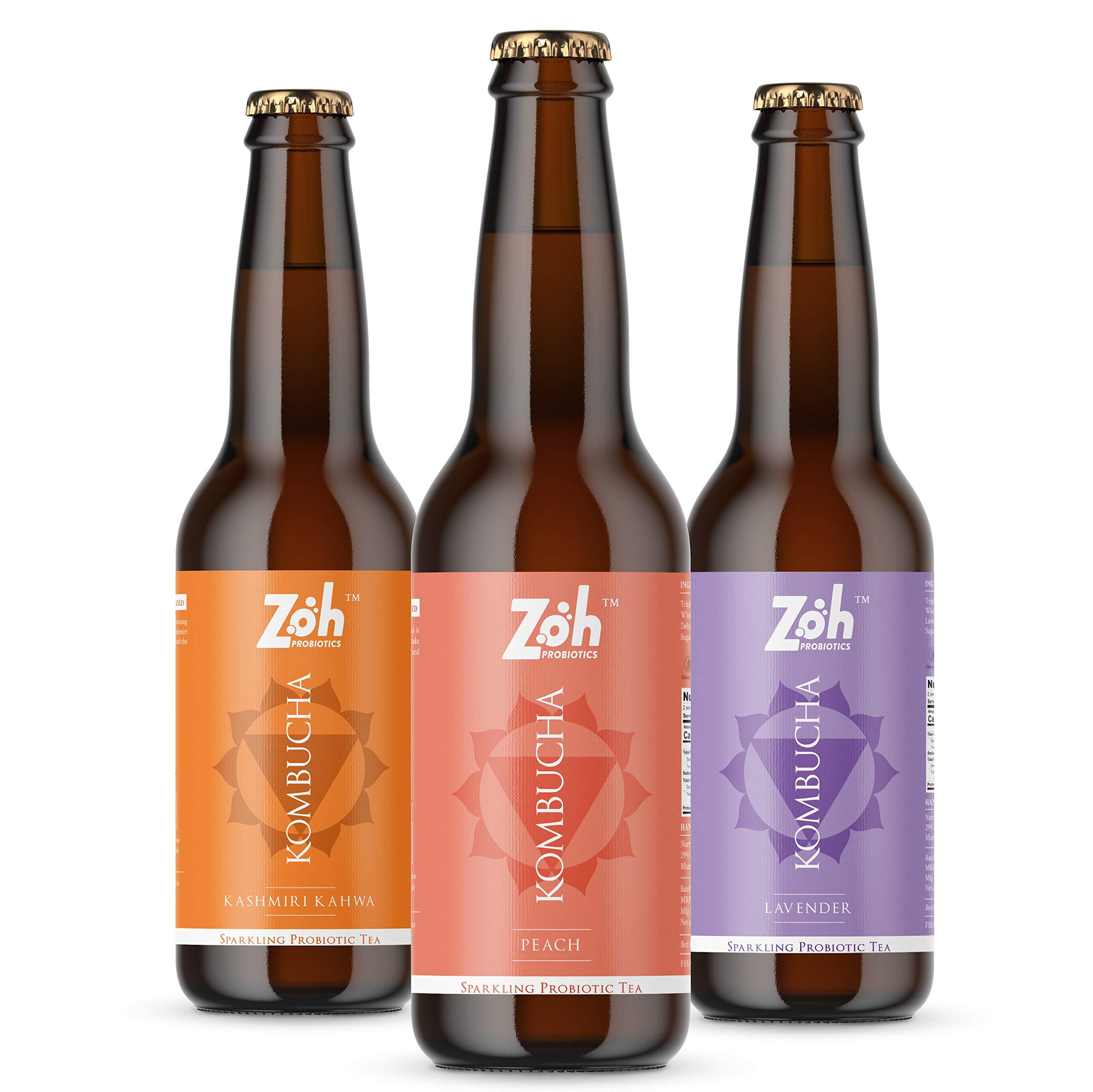 Zoh Zoh Probiotics Kombucha-(330Ml,Pack Of 3) Peach,Lavender&Kashmiri Kahwa Kombucha. Probiotic&Antioxidant Rich Raw Sparkling Tea,Low Sugar,Vegan,&With Gut Healing Active Cultures.,330 milligrams
