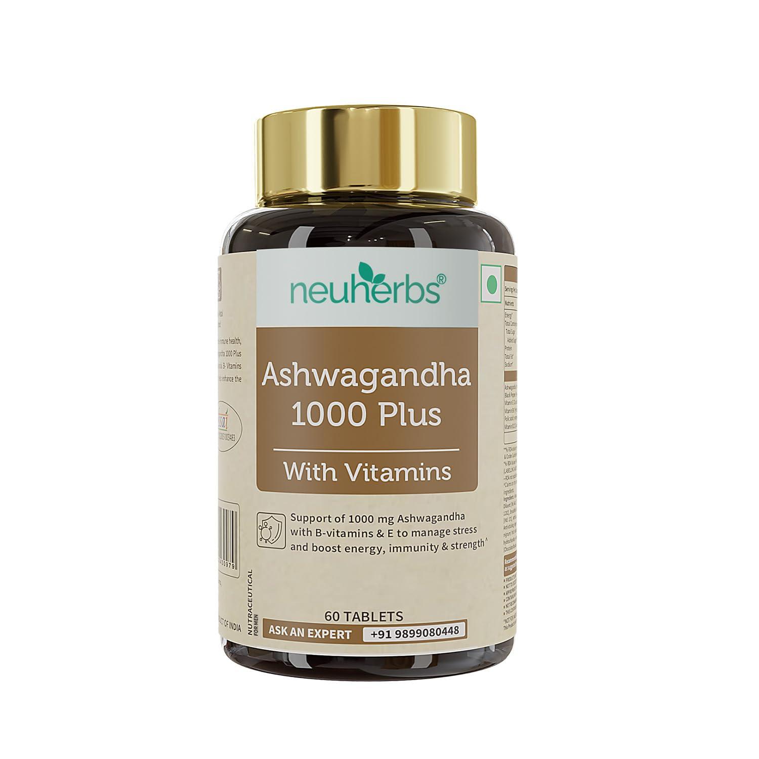 Neuherbs Neuherbs Ashwagandha 1000 Plus [Manage Anxiety & Stress Relief] Enhanced Absorption & Antioxidants Rich with vitamin E & B-complex for General wellness, Immunity Booster & Improve Vigour - 60 Tabs
