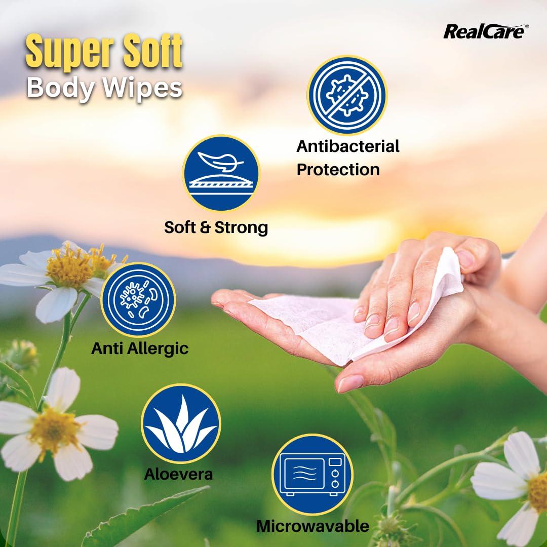REALCARE Realcare Adult Body Wipes,Pack of 1 (10 counts), Extra soft and Length Body Wipes,Bed bath wipes, Hygienic and cleansing wet wipes, Antibacterial and Alcohol free bed bath wipes, 320 * 320 mm.