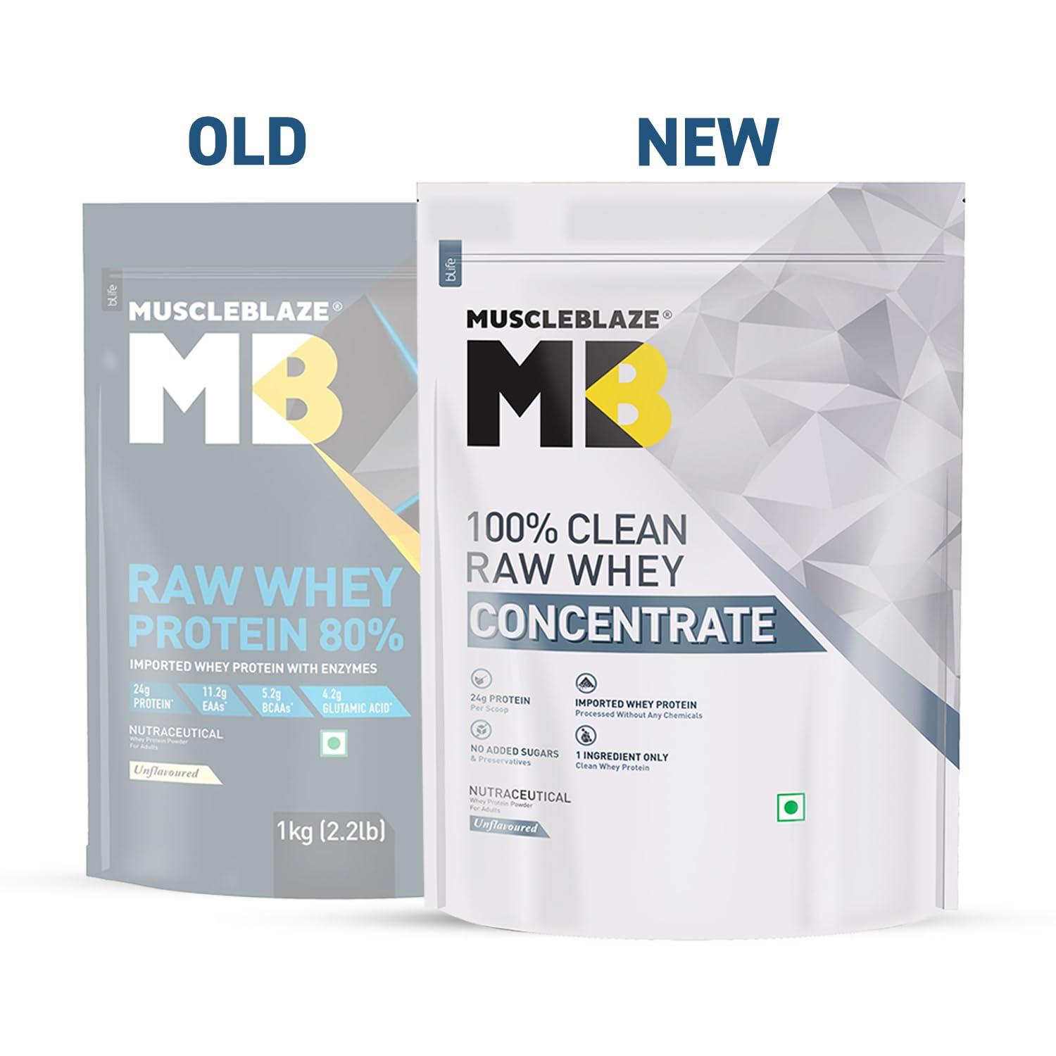 MuscleBlaze MuscleBlaze 100% Clean Raw Whey Protein Concentrate (Unflavoured, 1kg) | Easy to Digest