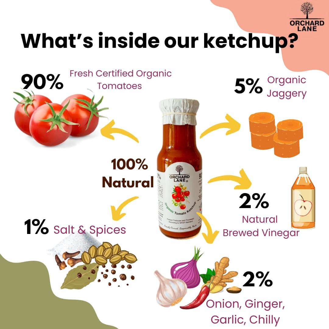Orchard Lane Orchard Lane Organic Tomato Ketchup - Certified Organic | No Preservatives or Chemicals, Low-Sugar- 230 gm | Low Calorie | Non Fattenning | For kids Adults Breakfast Snacks Meals