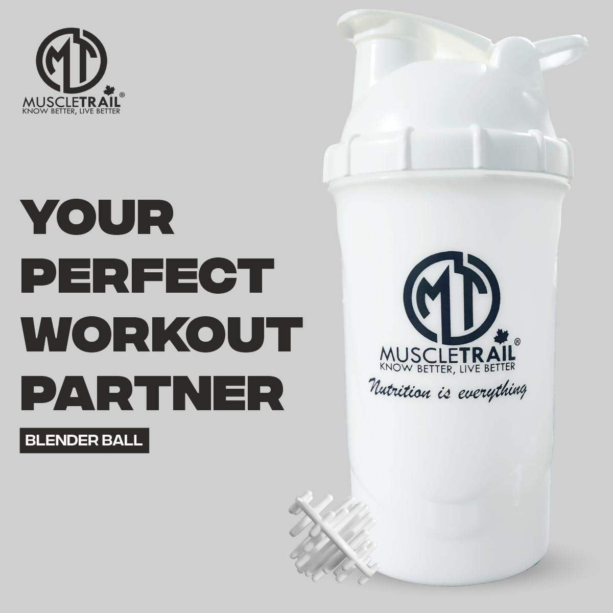MUSCLETRAIL MUSCLETRAIL Muscle Trail Gym Shaker Bottle - 600ml Leakproof Protein Shaker/Sipper for whey Protein, Pre-Workout, BCAA & Water - BPA Free Plastic, Pack of 1 (White)