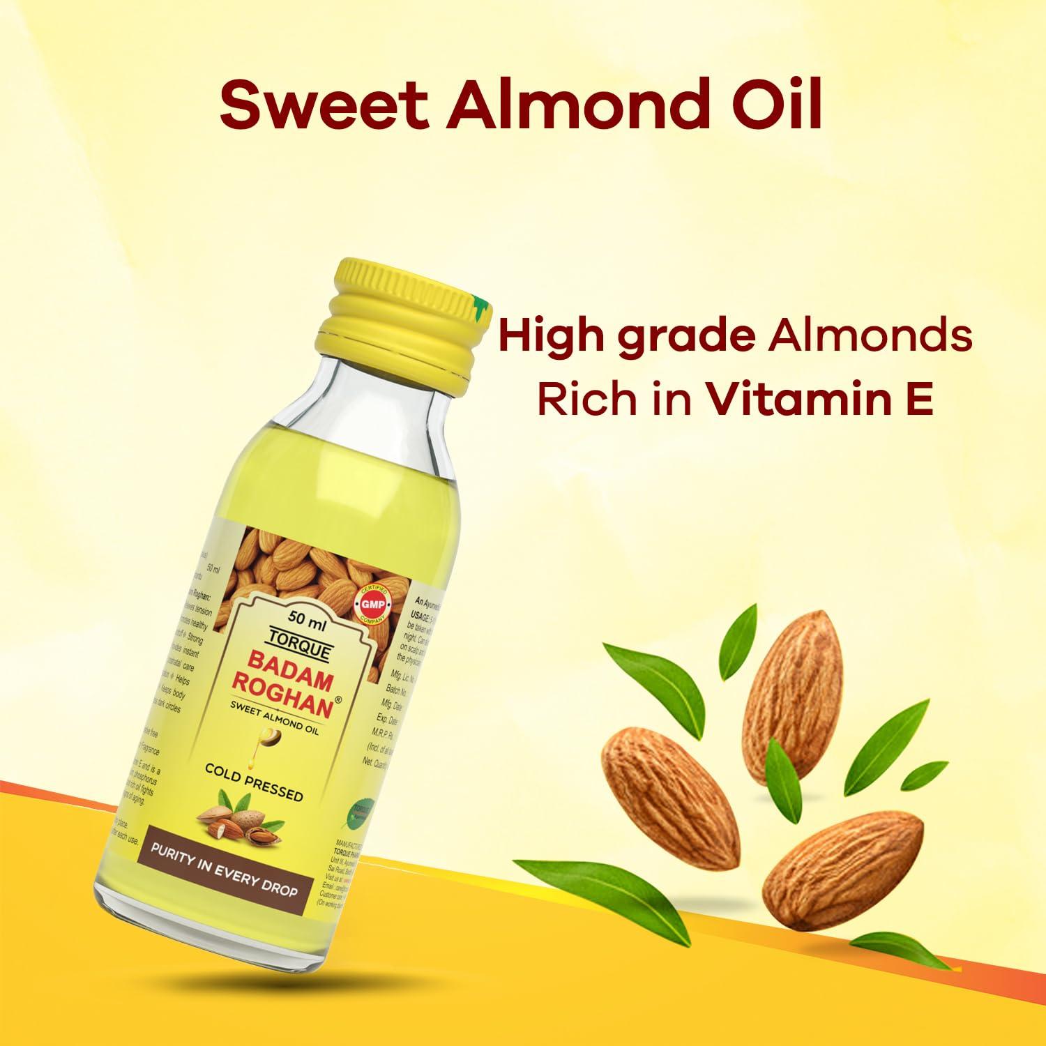 TORQUE Torque Badam Rogan Oil | Sweet Almond Oil 100% Pure and Cold Pressed For Hair and Skin| Badam Roghan Oil (50 ML-Pack of 1)