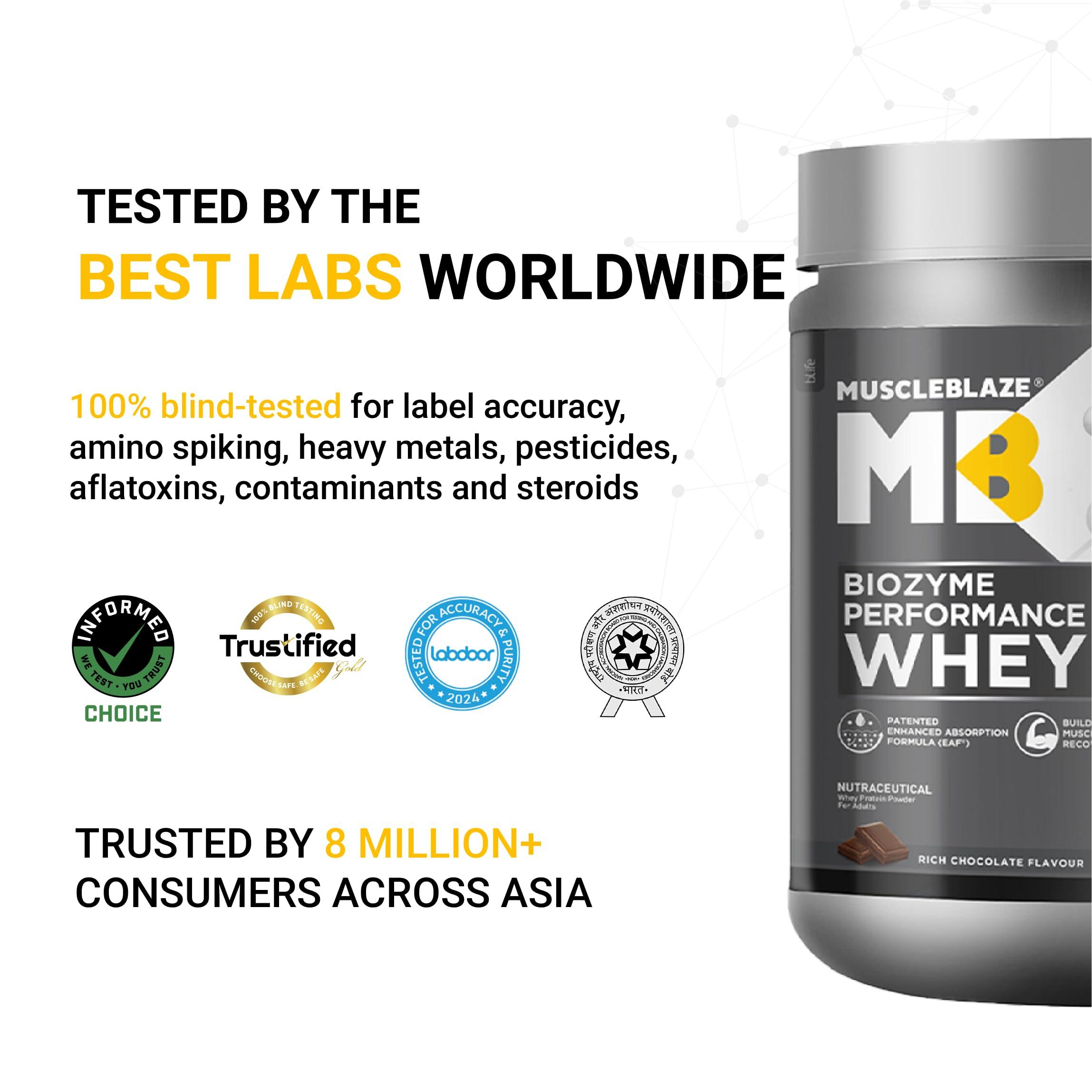 MuscleBlaze MuscleBlaze Biozyme Performance Whey Protein | Clinically Tested 50% Higher Protein Absorption | Informed Choice UK, Labdoor USA Certified & US Patent Filed EAF (Rich Chocolate, 500 g / 1.1 lb)