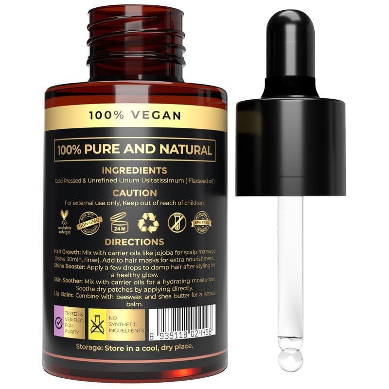 The Organic Forest  VEGAN . PURE . NATURAL Flaxseed Oil for Skin, Hair & Body - 100% Organic Cold Pressed Carrier Oil - Ideal for Aromatherapy, Massage & Essential Oils Mixing - Natural Moisturizer for Dry Skin - Non-Greasy, Fast Absorbing