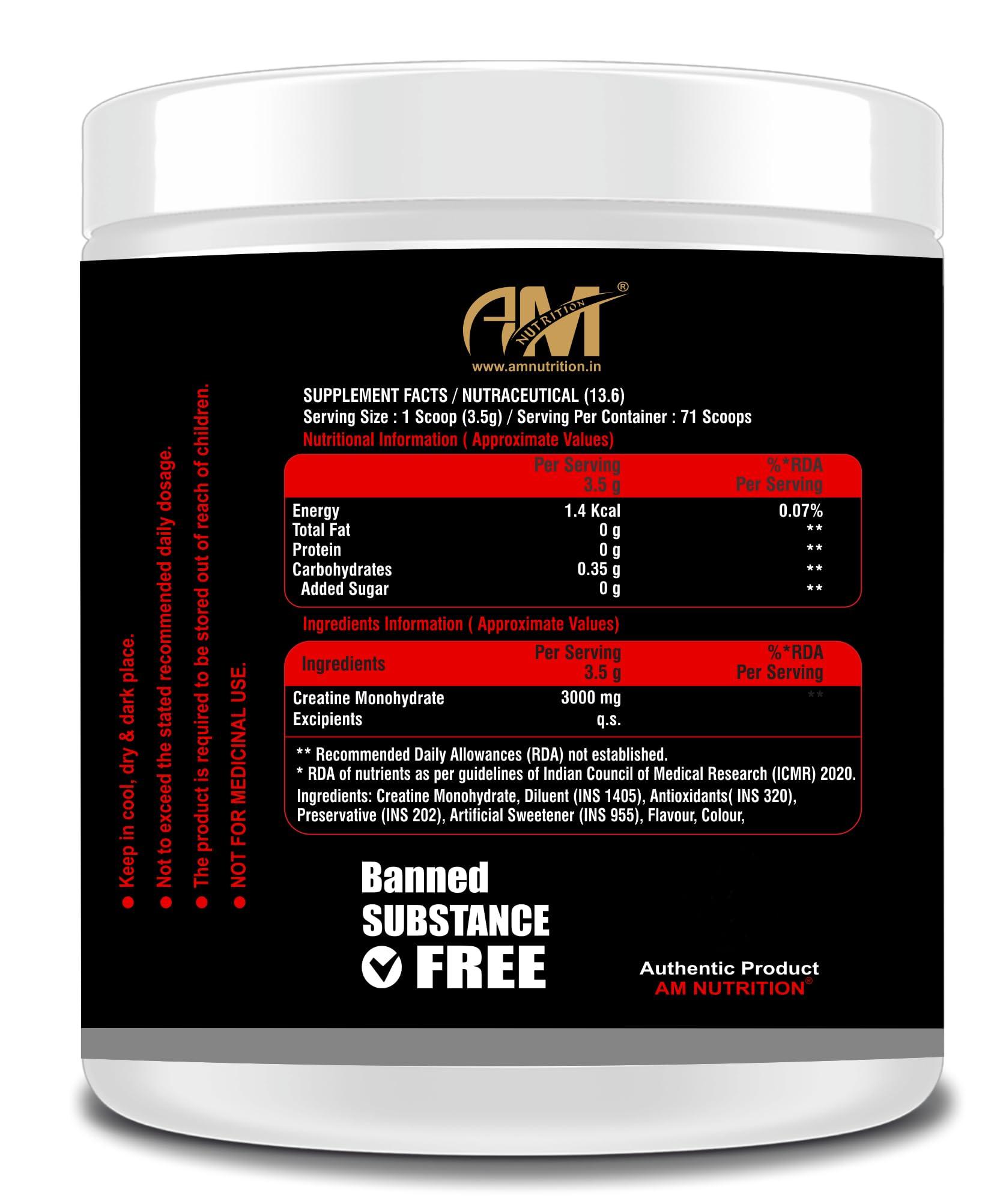 AM NUTRITION AM NUTRITION CREA-8 Monohydrate Creatine Powder |100% Creatine, 3000mg per serve | Supports Athletic Performance & Power | Green Apple Flavored, 71 Servings (250gm Pack)