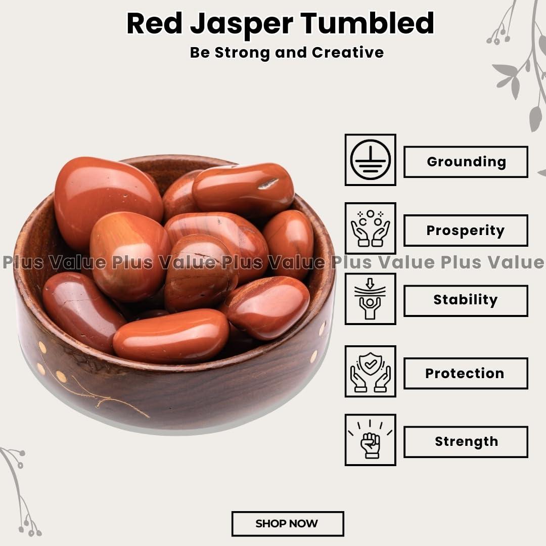 Plus Value Plus Value Red Jasper Tumbled Stone Pebbles Vastu Feng Shui Chakra Reiki Healing Crystals (300-grams, Wooden Bowl)