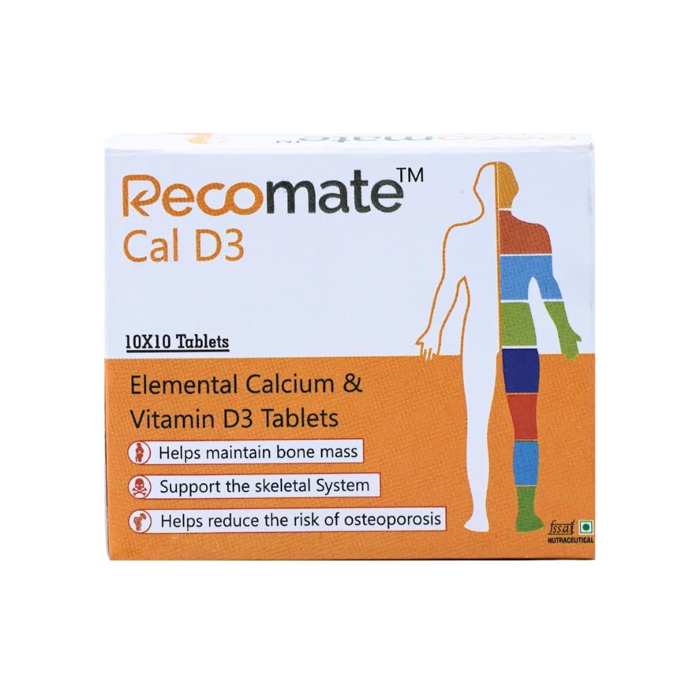 Recomate Recomate CaD3 | Elemental Calcium and Vit D3 Veg Tablets | Supplement for Women and Men | For Bone Health & Joint Support | 10 Strips of 10 Tablet