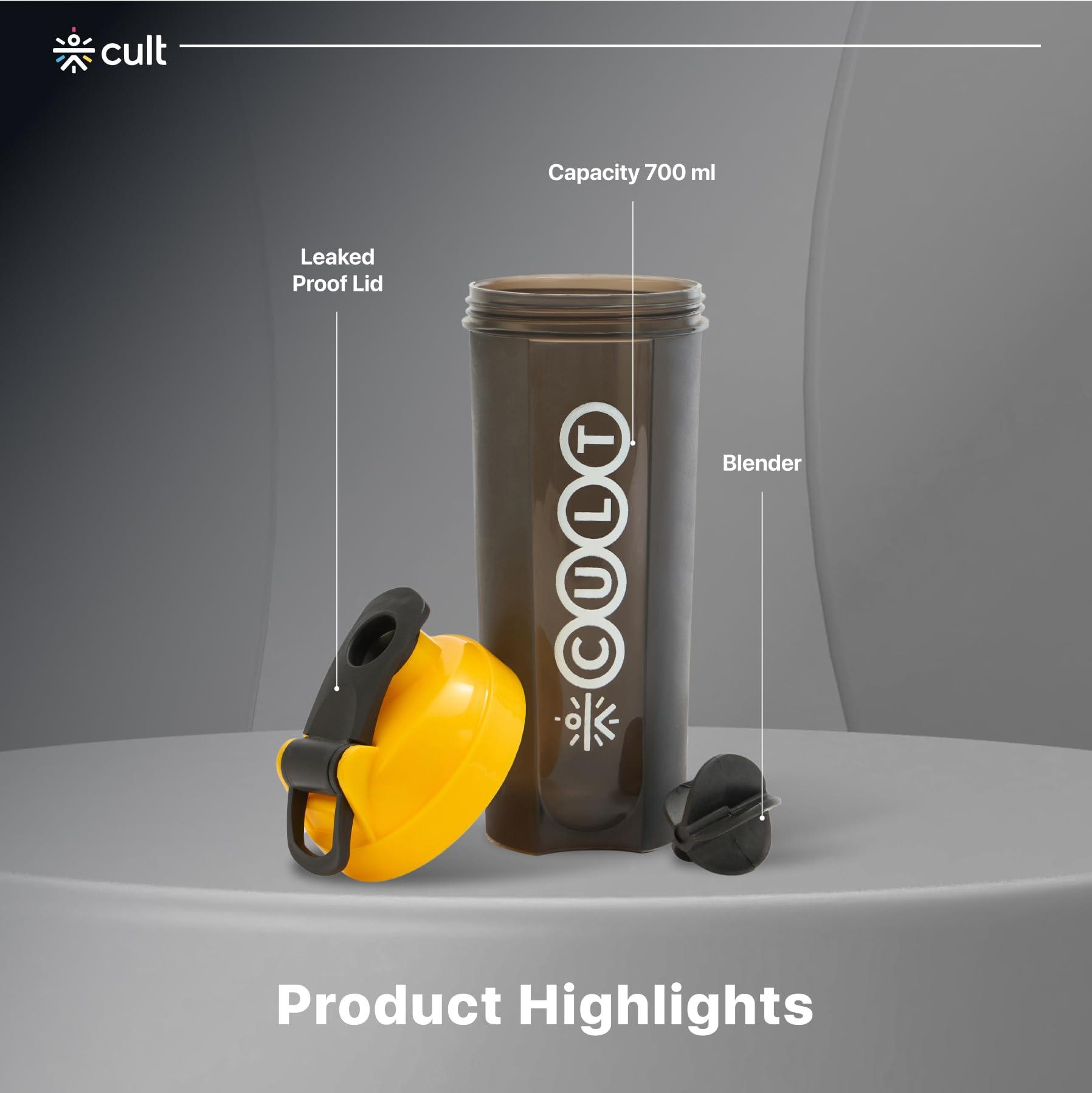 CULT CULT Gym Shaker Bottle | 700ml Shaker Bottle For Protein Shake | Leakproof | Protein Shaker Sipper Bottle | Ideal For Protein, Pre Workout And Gym | Shaker Bottle for Men & Women | Black Yellow