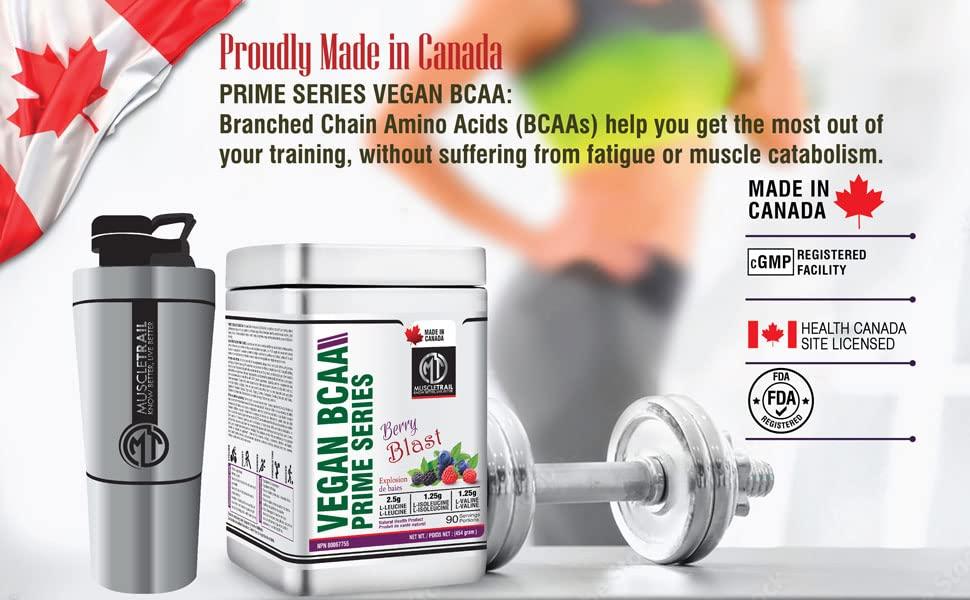 MuscleTrail MUSCLETRAIL Vegan BCAA Prime Series, 90 Serving (Imported, Made In Canada)|Berry Blast| 2.5g L-Leucine, 1.25g L-Isoleucine & 1.25g L-Valine (Berry Blast )