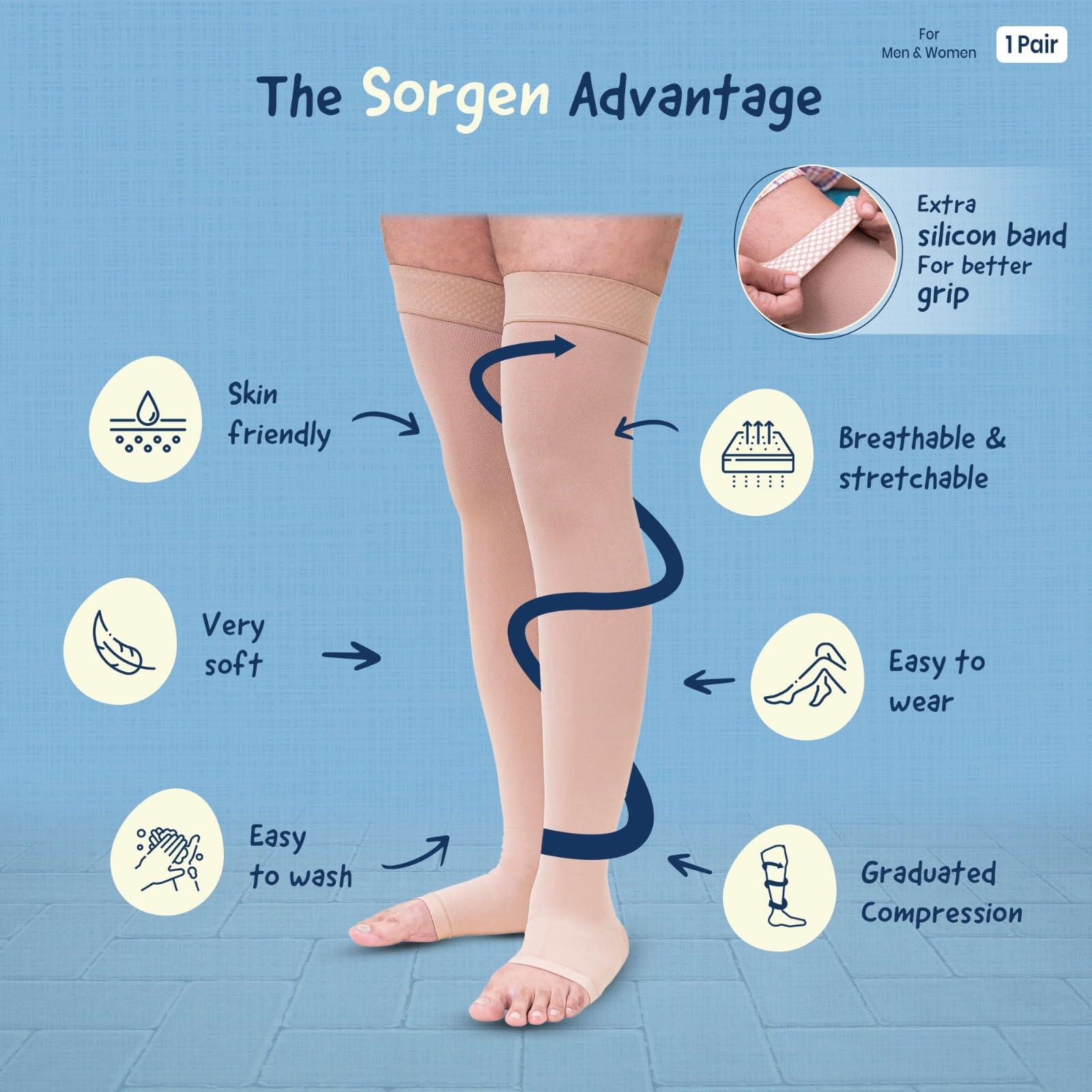 Sorgen Sorgen Class I Medical Compression Stockings for Varicose Veins | Class 1 Thigh Length stockings | Above Knee Class I Compression Socks | 18-21 mm Hg pressure stockings (Large)