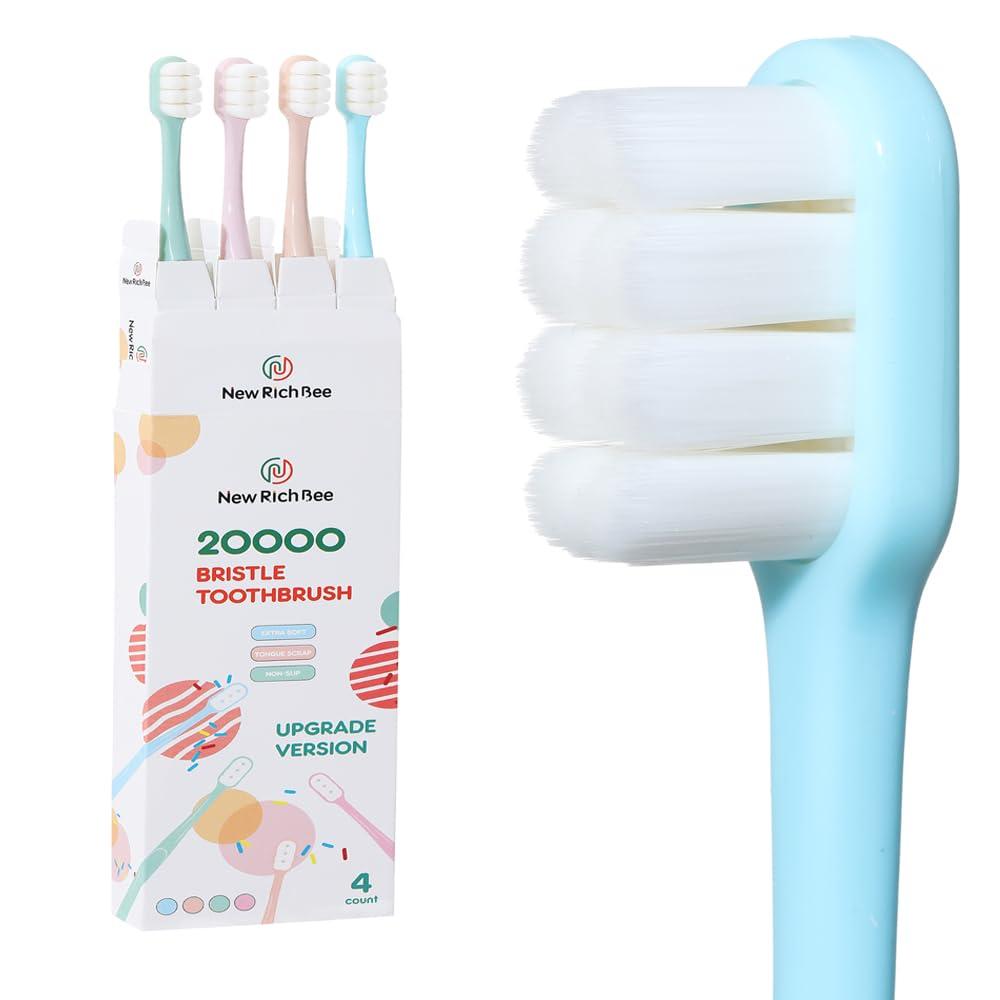 newrichbee Newrichbee 4 Pack Micro Nano Extra Soft Toothbrush for Adults, 20000 Bristle, Soft Toothbrush for Sensitive Teeth or Gum Clean Effectively (Blue, Green, Pink, Flesh)