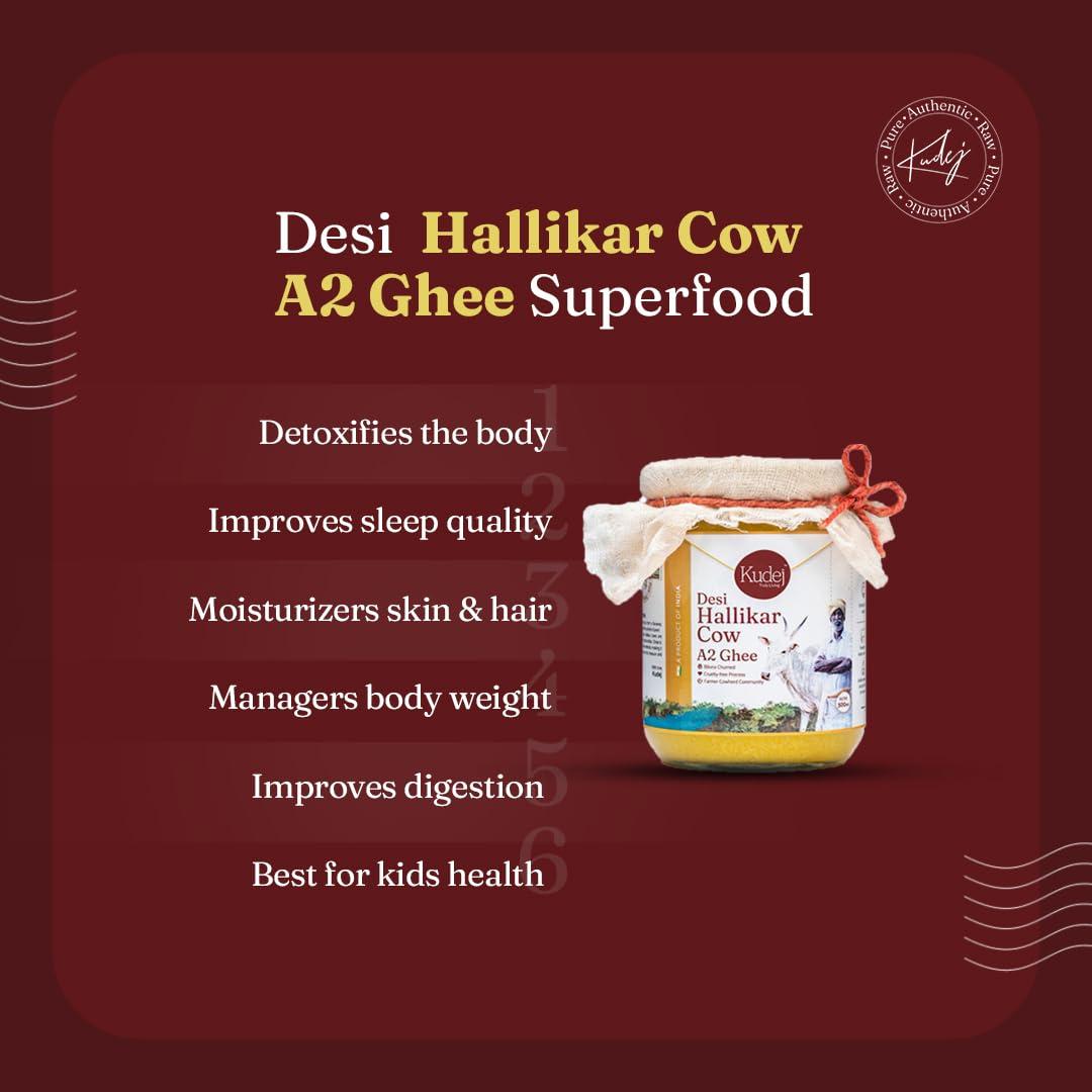 Kudej Kudej || Desi Hallikar Cow Pure A2 Ghee from Kaveri belt - 100% Bilona Churned Premium Cultured Ghee, Made using Ancient Vedic Processes, 250ML Glass Bottle with Sustainable Packaging