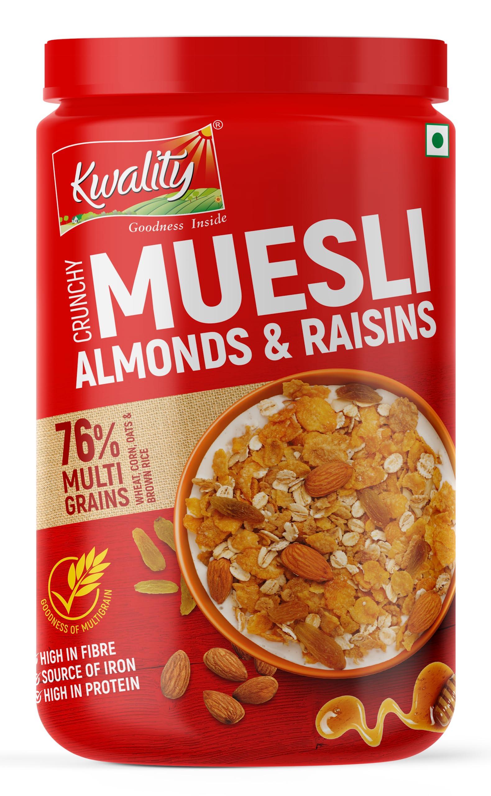 KWALITY Kwality Muesli Combo 2kg Jar | Almond, Raisins & Honey 1kg + Fruit & Nut 1kg | 76% Multi Grains | Natural Source of Vitamin & Iron | High in Protein & Fiber | Healthy Food & Breakfast Cereal