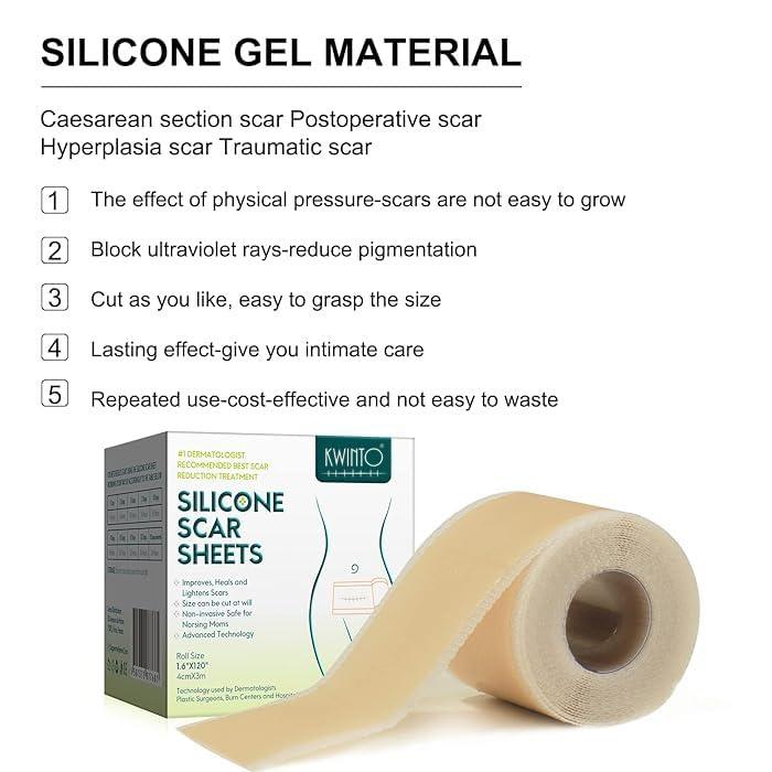 Kwinto Silicone Scar Sheets, Silicon gel sheets for Scars Transparent Medical Silicone Gel Tape for Scar Removal, Silicone Scar Tape Roll For Hypertrophic Scars and Keloids Caused by Surgery