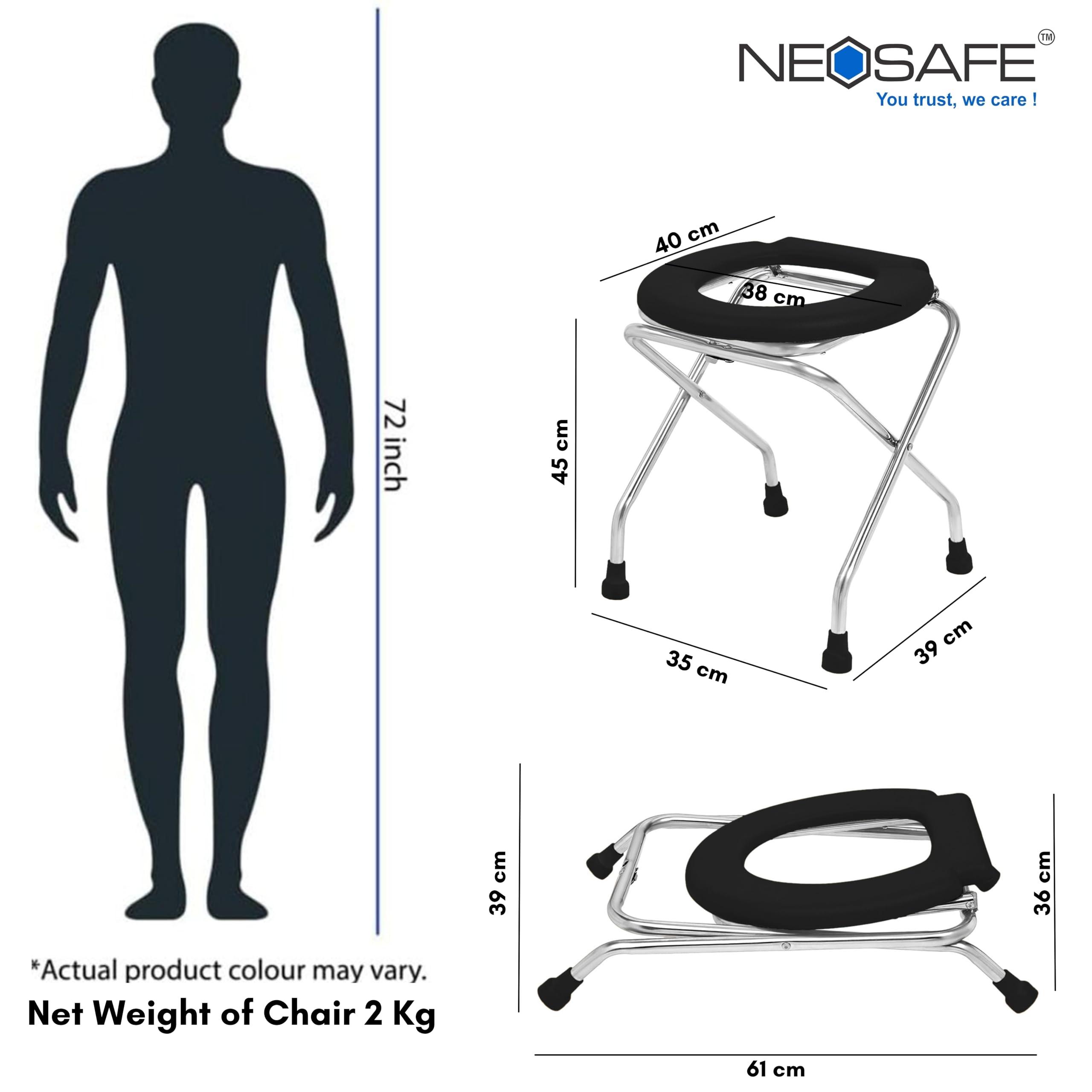NEOSAFE NEOSAFE Stainless Steel Premium Folding Shower Bathing Room Commode Stool Indian Toilet Seat for Elderly Disabled Man and Pregant Women Support Safe Chair Anti-Slip (Black)