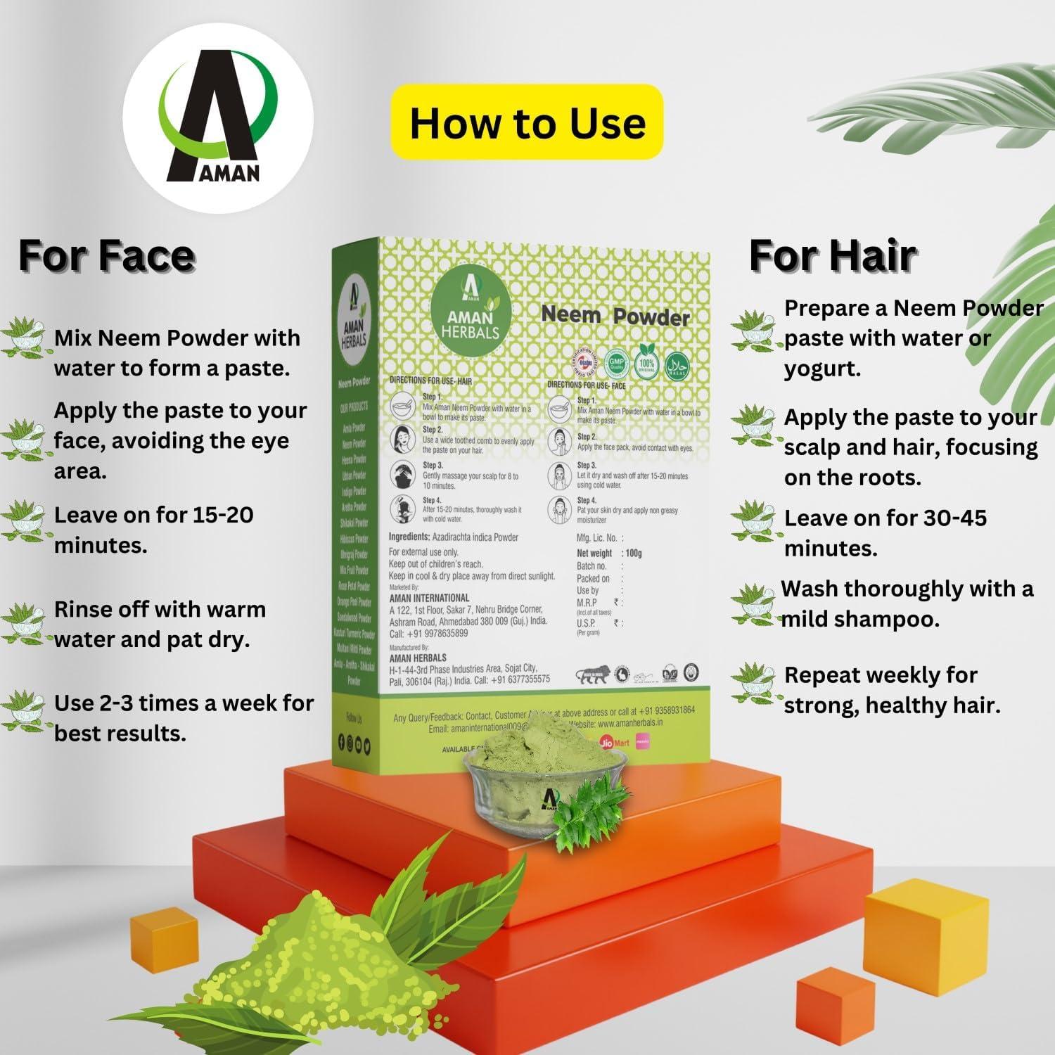 AMAN AMAN HERBALS - 100% Organic Neem leaves Powder, Azadirachta Indica for Face, Skin & Hair care (Pack of 3)