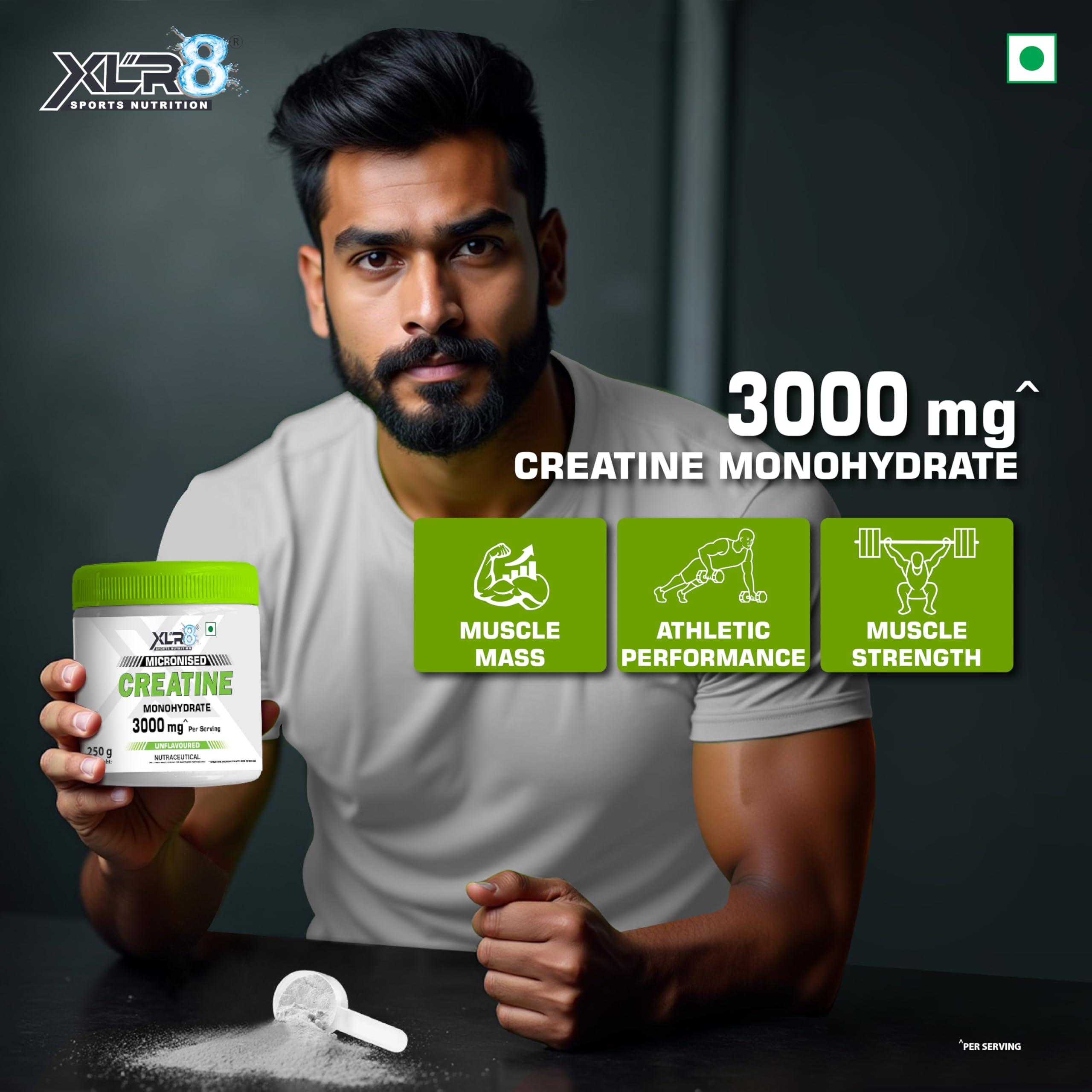XLR8 XLR8 Creatine Monohydrate Powder Micronized | Unflavored, 250g (83 Servings) | Pre & Post Workout Supplement for Men & Women | Supports Muscle Growth & Energy
