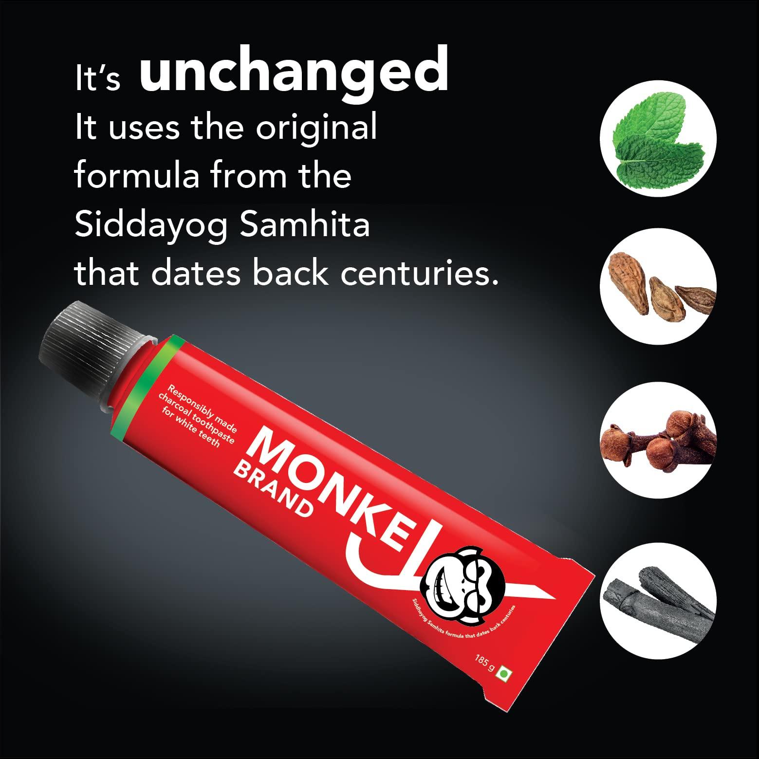 Nogi Nogi Monkey Brand Charcoal Toothpaste (Since 1911). Whitening Stain Removal Ayurvedic Toothpaste For Total Oral Care. Herbal Flouride-Free Toothpaste For All Age Groups-185G(Pack Of 4)