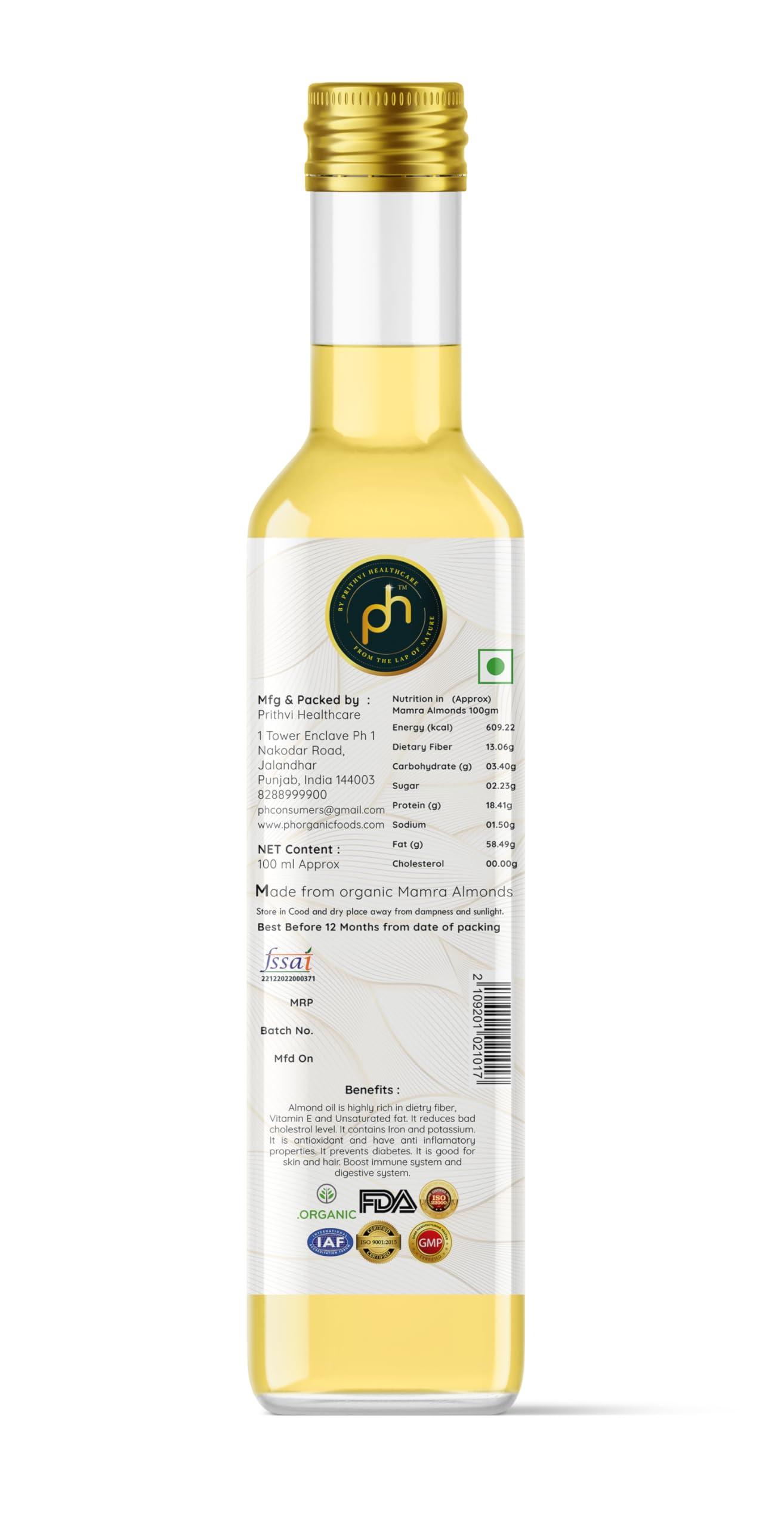 PH PHs Organic Kashmiri Mamra Almond Oil 100ml | Cold Pressed Watermill (Gharat) extracted in Kashmir valley | Extra Virgin | Mamra badam Rogan rich in Vitamin E good for Hair Skin and Diet