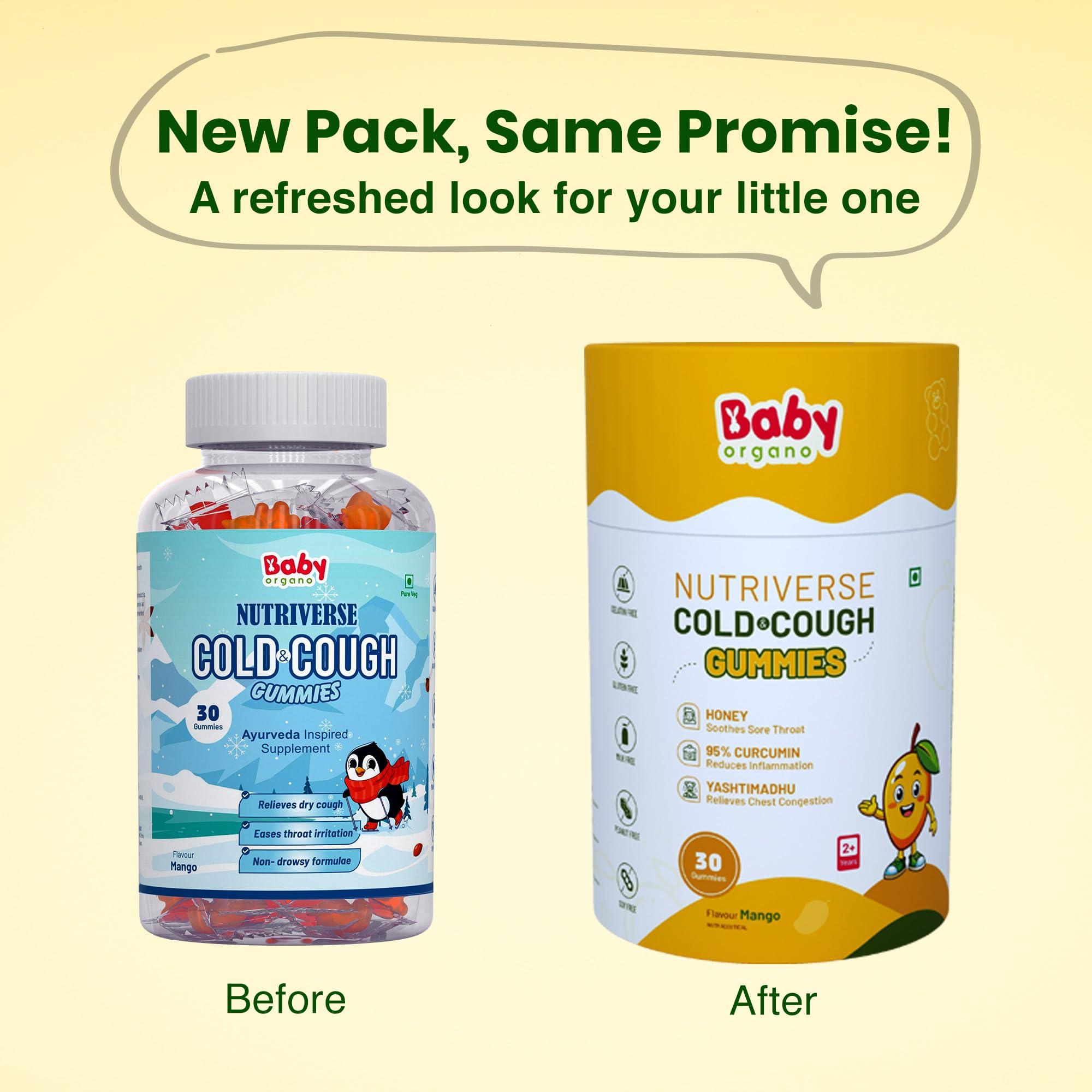 Babyorgano Babyorgano Nutriverse Cough & Cold Relief Gummies For Kids (2-15 Yrs) |30 Gummies |Relieve Dry Cough, Throat Irritation|Non-Drowsy, Ayurveda Inspired Formula, No Gelatin, Gluten, Dairy|Mango Flavor