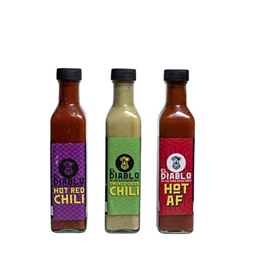 El Diablo Sauces El Diablo All Natural Ingredient Gluten Free Hot Spicy Sauces Combo Hot AF + Hot Red Chili + Smoked Green Chili Pack of 3 – (240gm x 3)