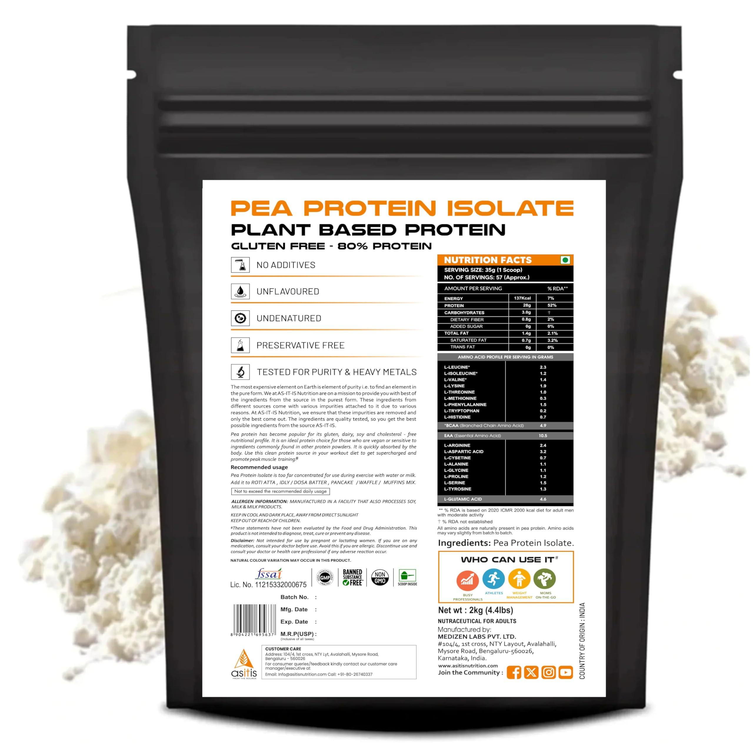 Asitis Nutrition AS-IT-IS Nutrition 100% Pea Protein Isolate, 28g Protein, Pure Vegan Plant Protein, Promotes Muscle Building with Easy Digestion, Whey Protein Substitute Designed as Meal Supplement - Unflavoured, Single Ingredient with Zero Adulteration- 2000g (57 s