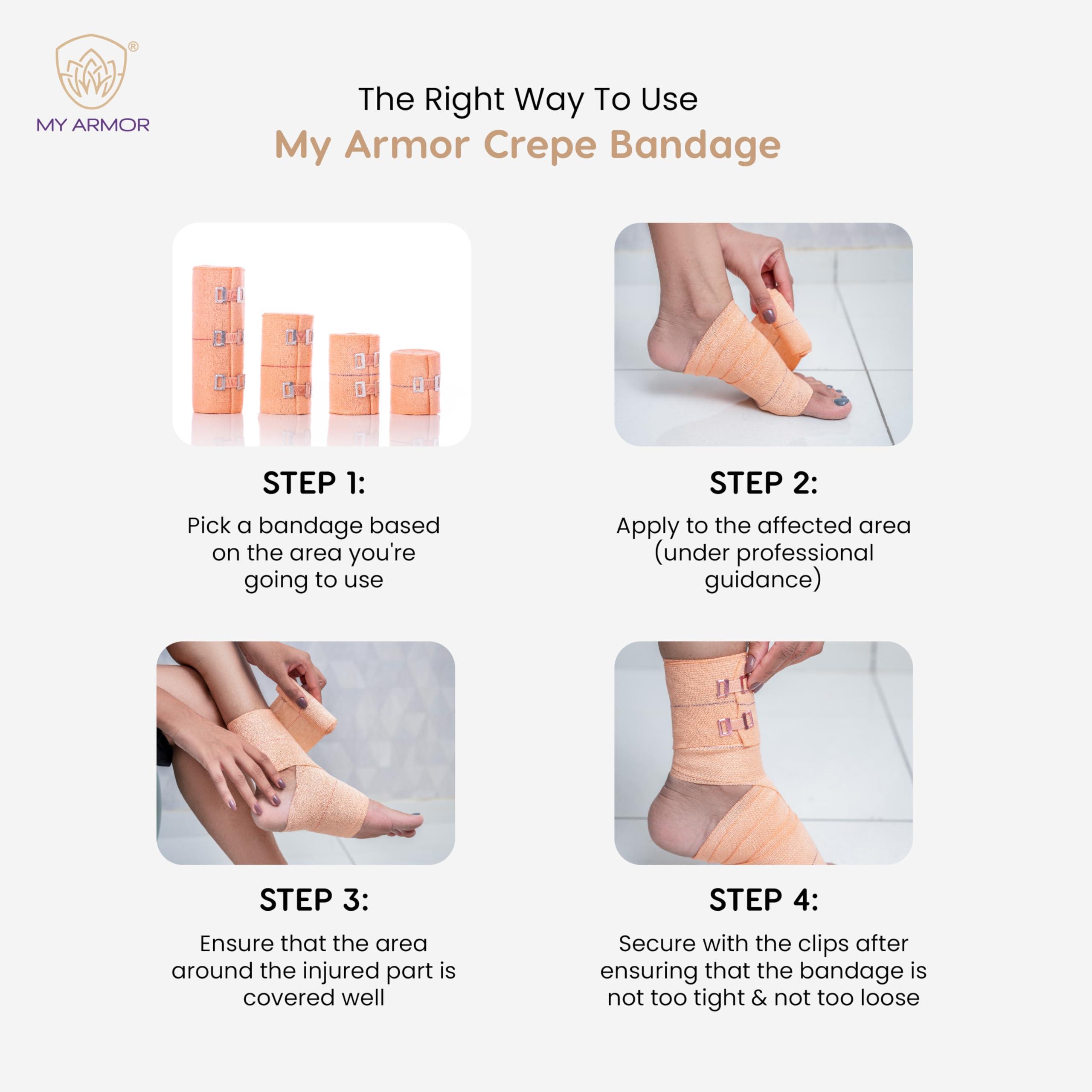 MY ARMOR MY ARMOR Cotton Crepe Bandage for Ankle, Legs, Knee, 8cm X 4mt, Pain Relief Garam Patti for Hand, Wrist, Knee, Thigh etc. for Injury & Muscle Compression, with 2 Extra Clips, Pack of 1