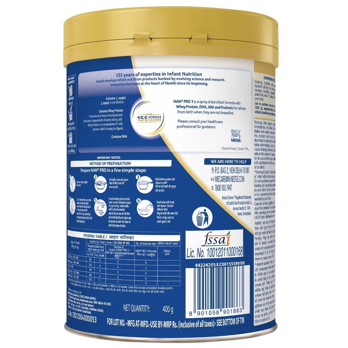 NAN Nestl Nan Pro 1 Infant Formula Powder (Upto 6 Months), Stage 1-400G Tin Pack & Nestle NAN PRO 2 Follow-up Formula Powder - After 6 months, Stage 2, 400g Bag-In-Box Pack