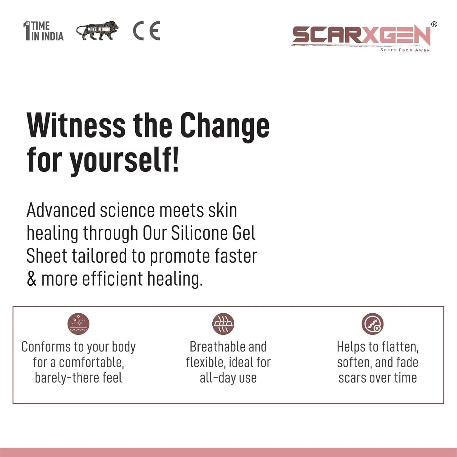 SCARXGEN Scarxgen Silicone Gel Sheet | Scar Sheet | Scars, Cuts and Scrapes, Laparoscopic scar | Reusable and Washable Sheet | Keloid and Hypertrophic scar I Visible scar reduction (3CMX20CM(BOX OF 1 UNIT))